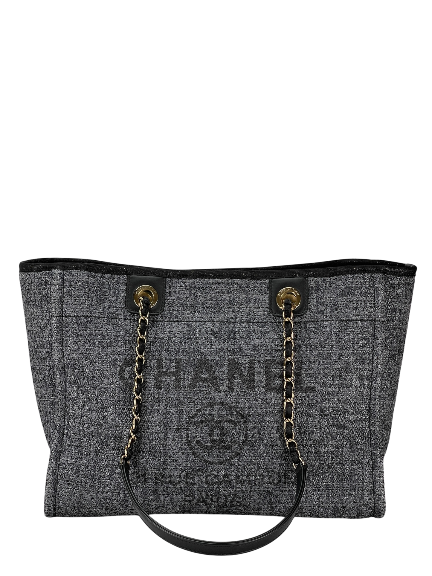 CHANEL - 19C Navy Denim Deauville Tote Bag Gold Hardware