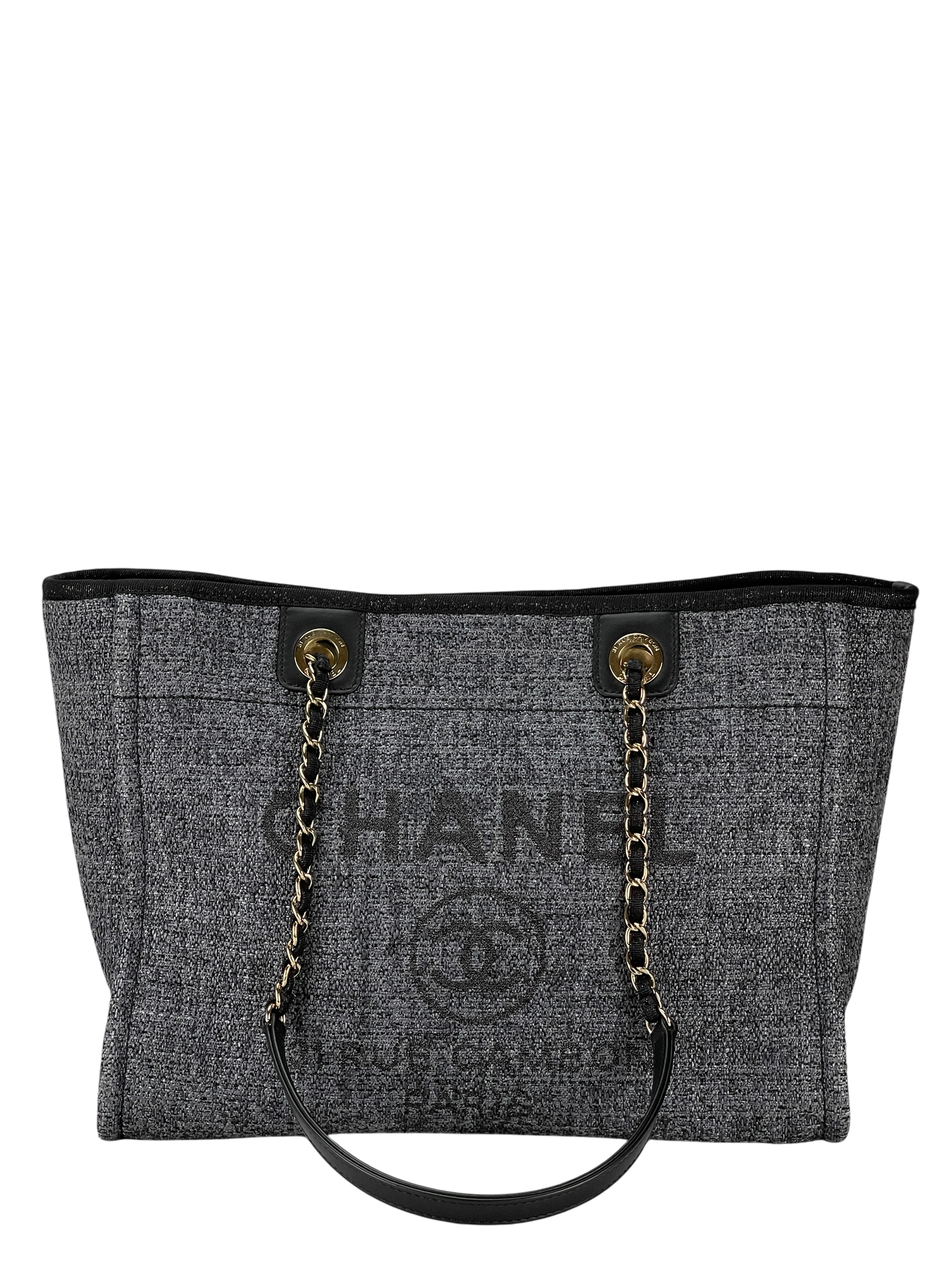 CHANEL - 19C Navy Denim Deauville Tote Bag Gold Hardware