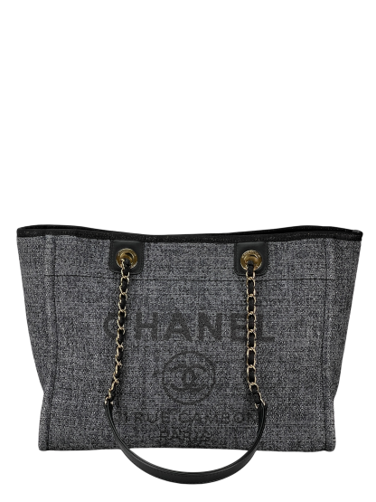 CHANEL - 19C Navy Denim Deauville Tote Bag Gold Hardware