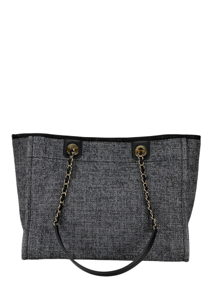 CHANEL - 19C Navy Denim Deauville Tote Bag Gold Hardware