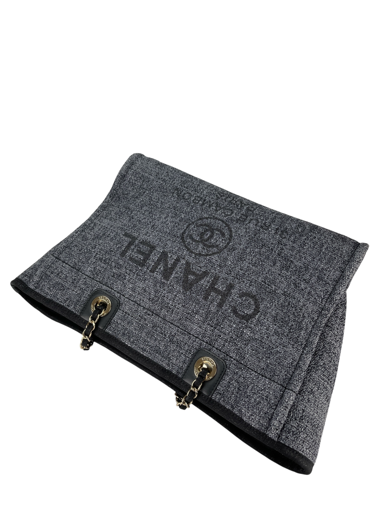 CHANEL - 19C Navy Denim Deauville Tote Bag Gold Hardware