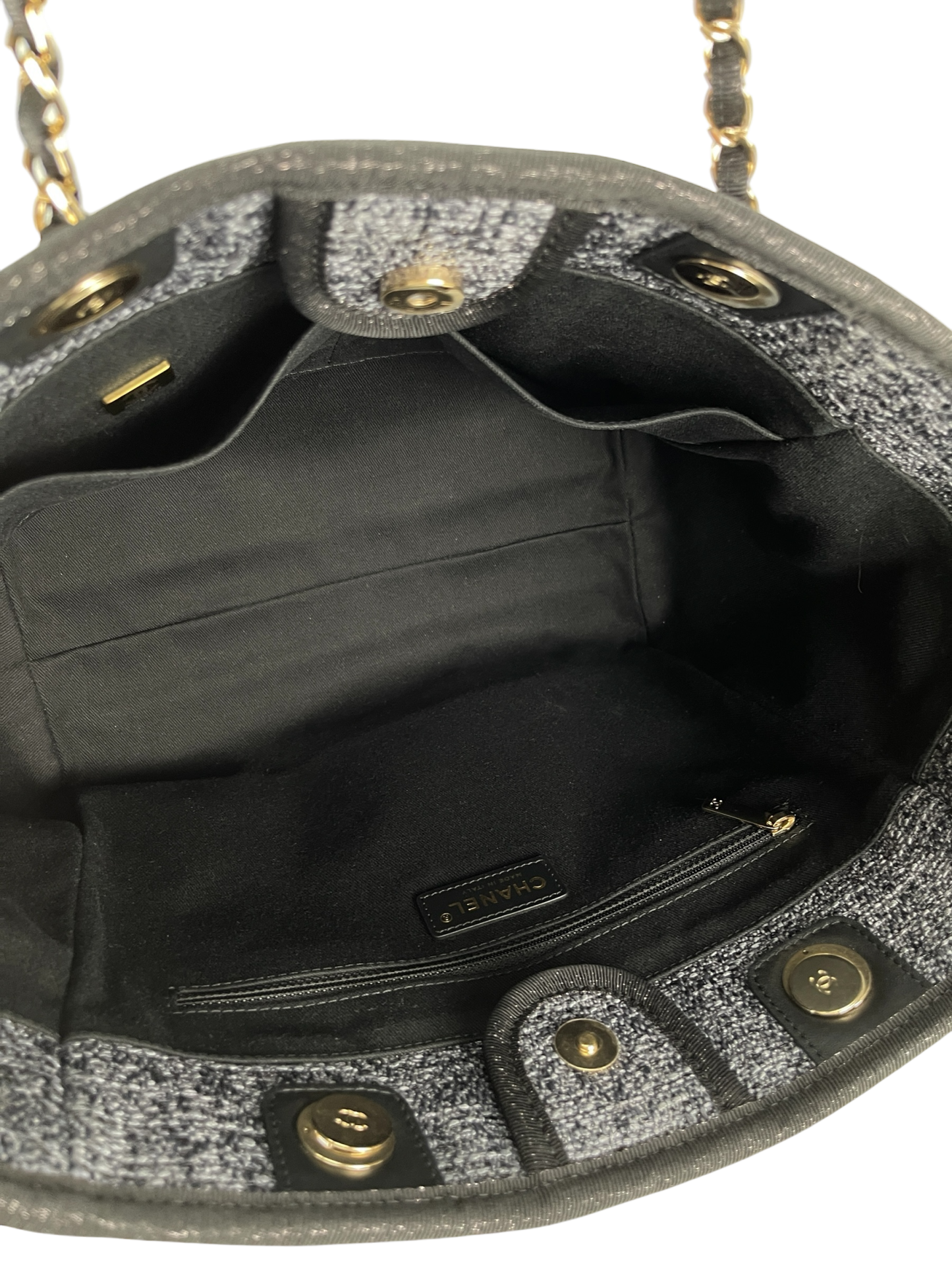 CHANEL - 19C Navy Denim Deauville Tote Bag Gold Hardware