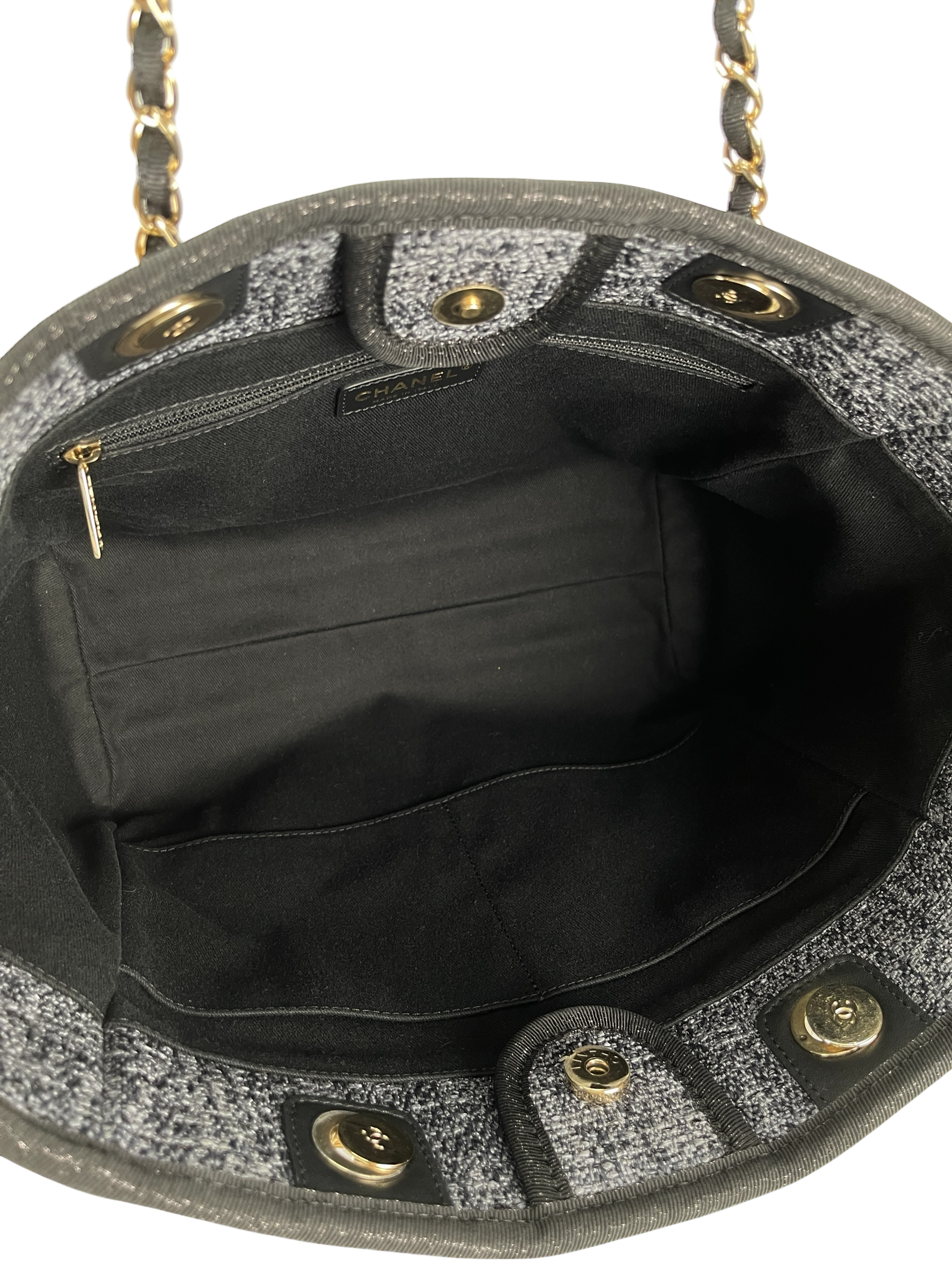CHANEL - 19C Navy Denim Deauville Tote Bag Gold Hardware