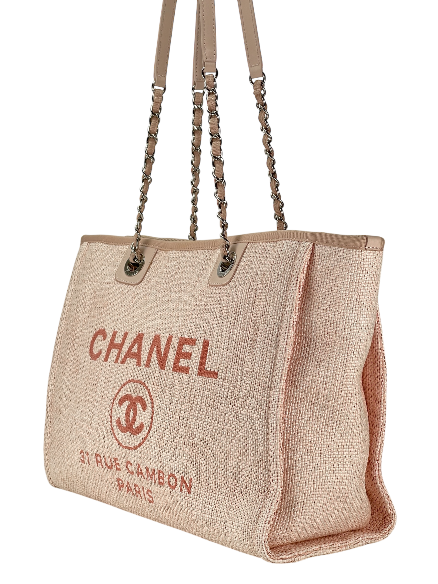 CHANEL - Pink Straw Raffia Deauville MM Tote Bag Gold Hardware