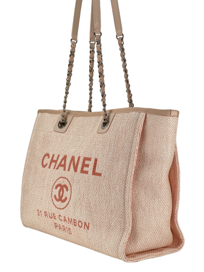 CHANEL - Pink Straw Raffia Deauville MM Tote Bag Gold Hardware