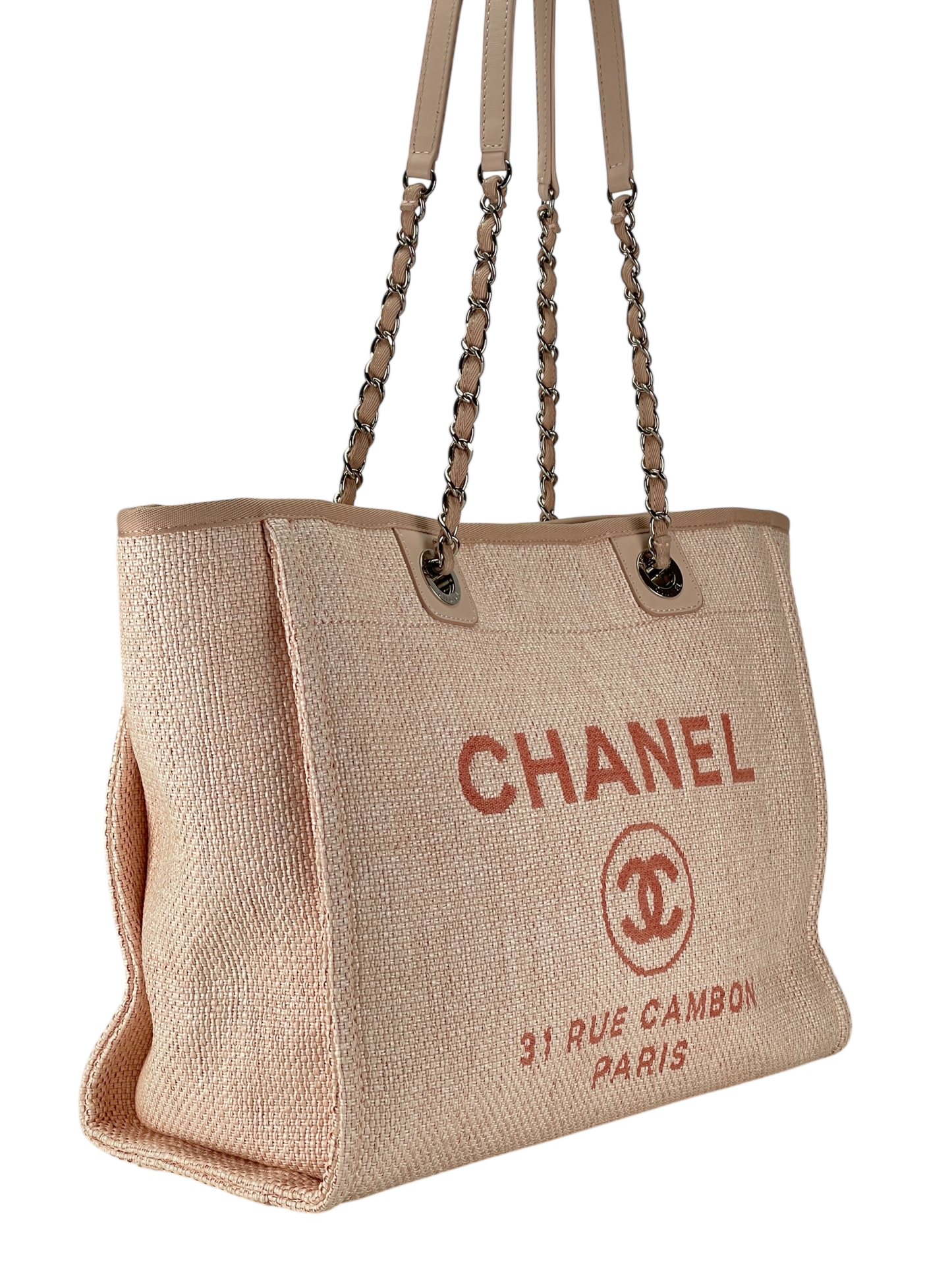 CHANEL - Pink Straw Raffia Deauville MM Tote Bag Gold Hardware