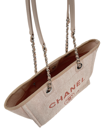 CHANEL - Pink Straw Raffia Deauville MM Tote Bag Gold Hardware