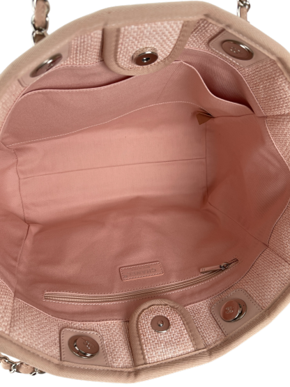 CHANEL - Pink Straw Raffia Deauville MM Tote Bag Gold Hardware