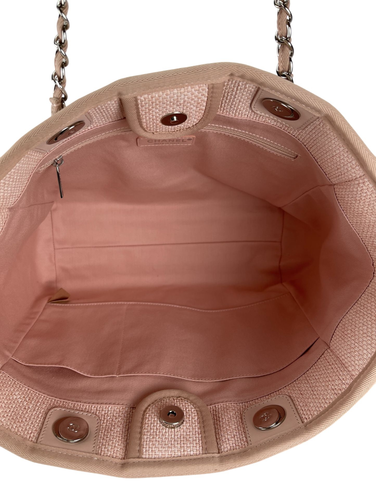 CHANEL - Pink Straw Raffia Deauville MM Tote Bag Gold Hardware