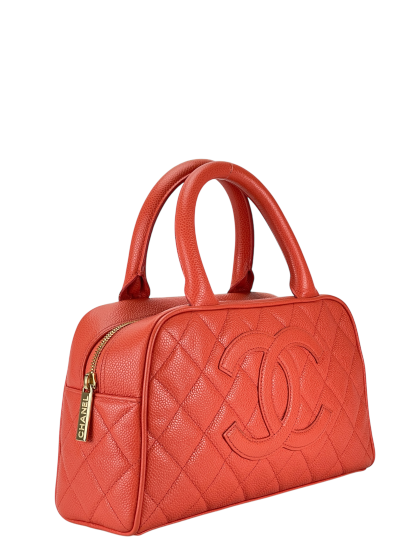 CHANEL - Small Orange Red Caviar Bowling Hand Bag