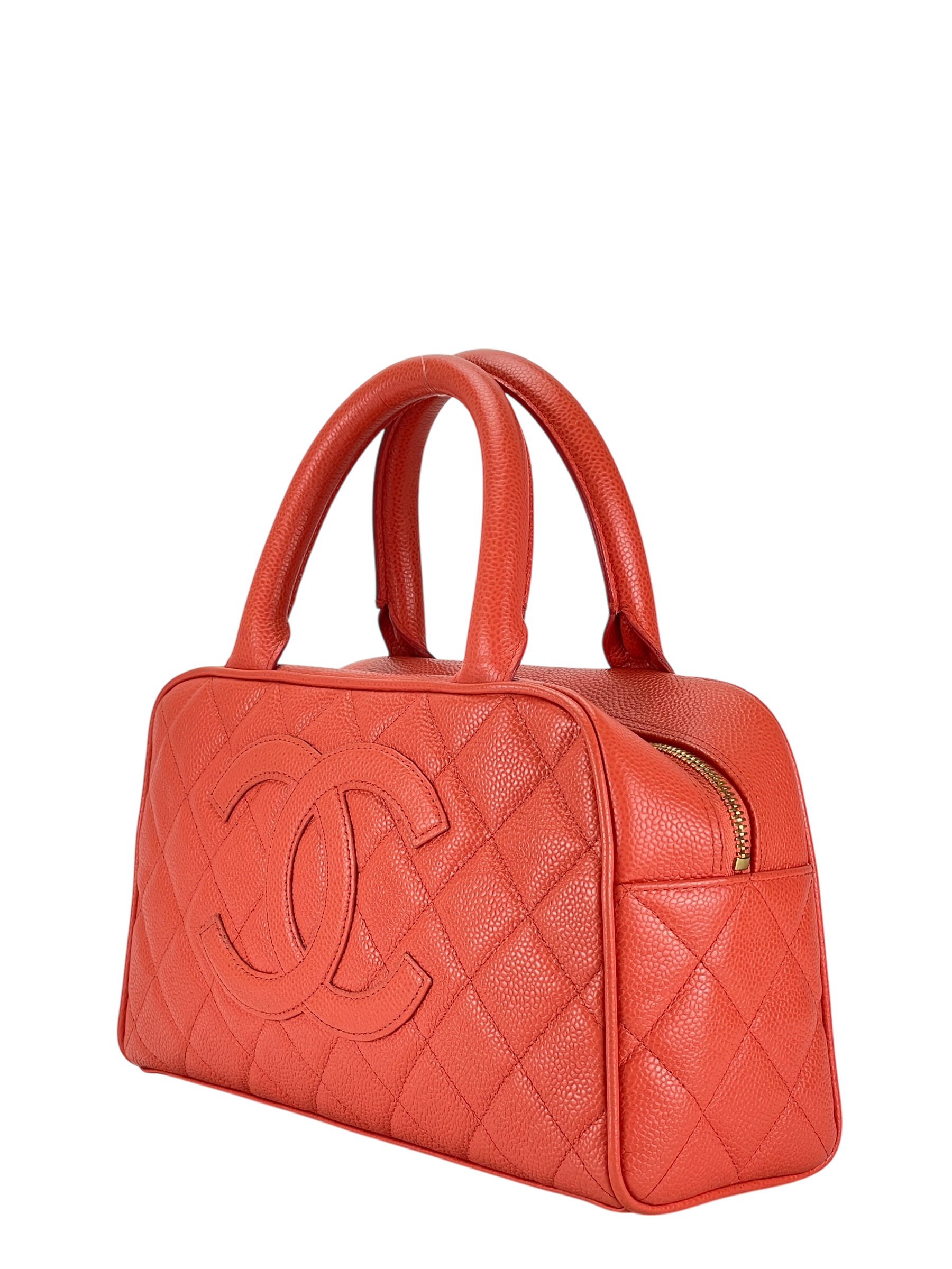 CHANEL - Small Orange Red Caviar Bowling Hand Bag