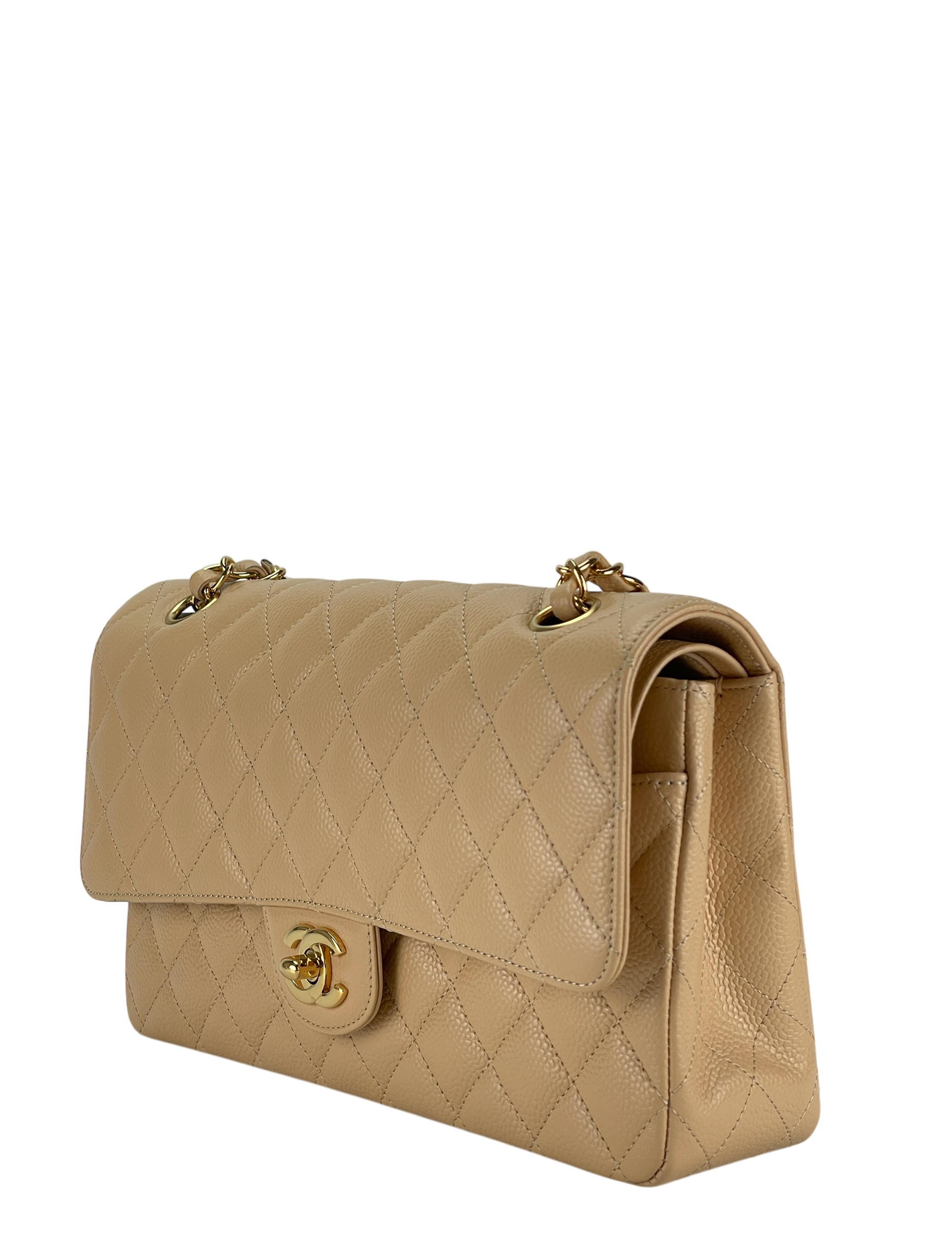 CHANEL - Medium Classic Double Flap Bag Gold Cavair Gold Hardware (CF25)