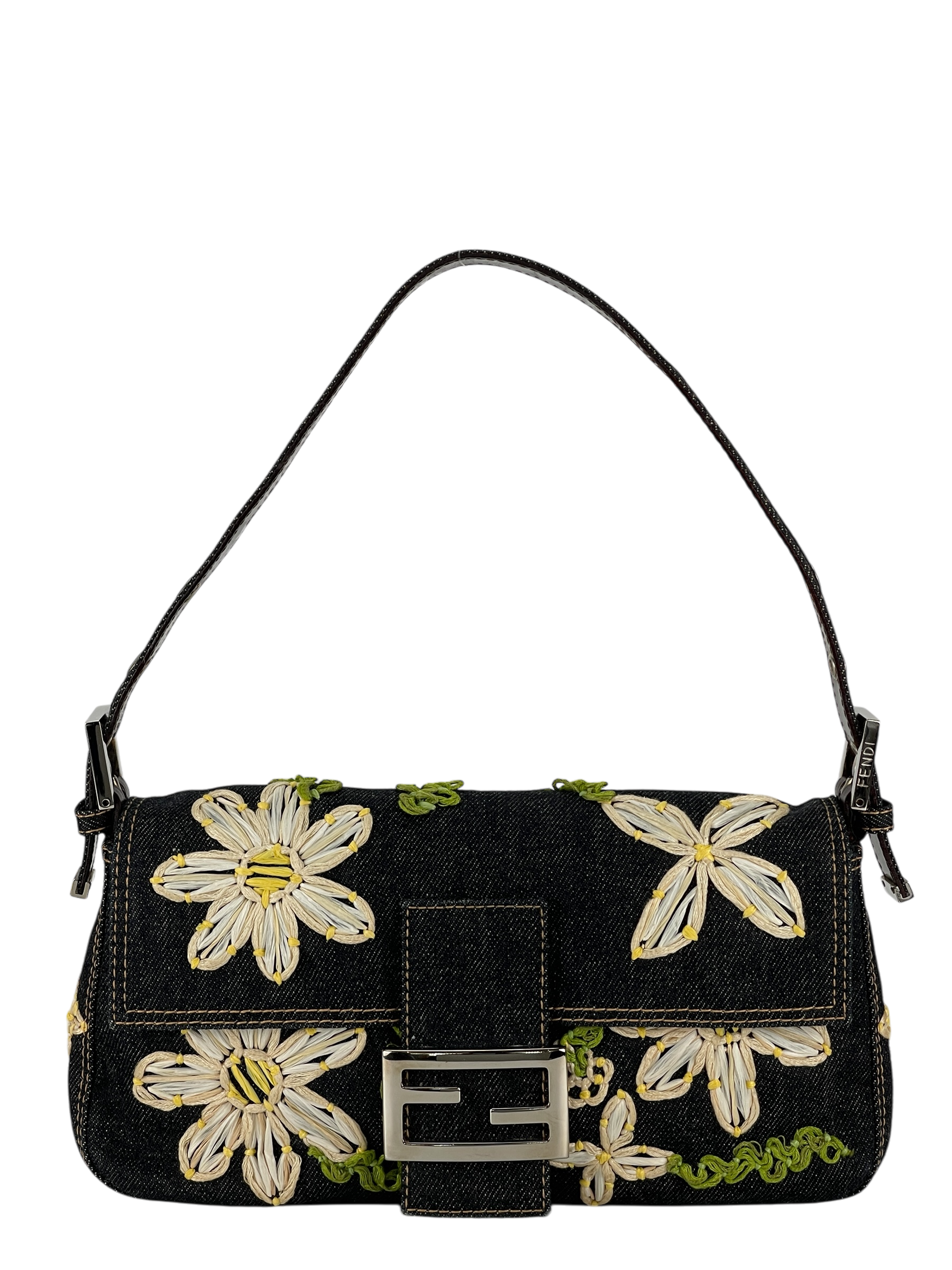 FENDI - Blue Denim Baguette in Dark Embroided Flowers