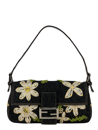 FENDI - Blue Denim Baguette in Dark Embroided Flowers