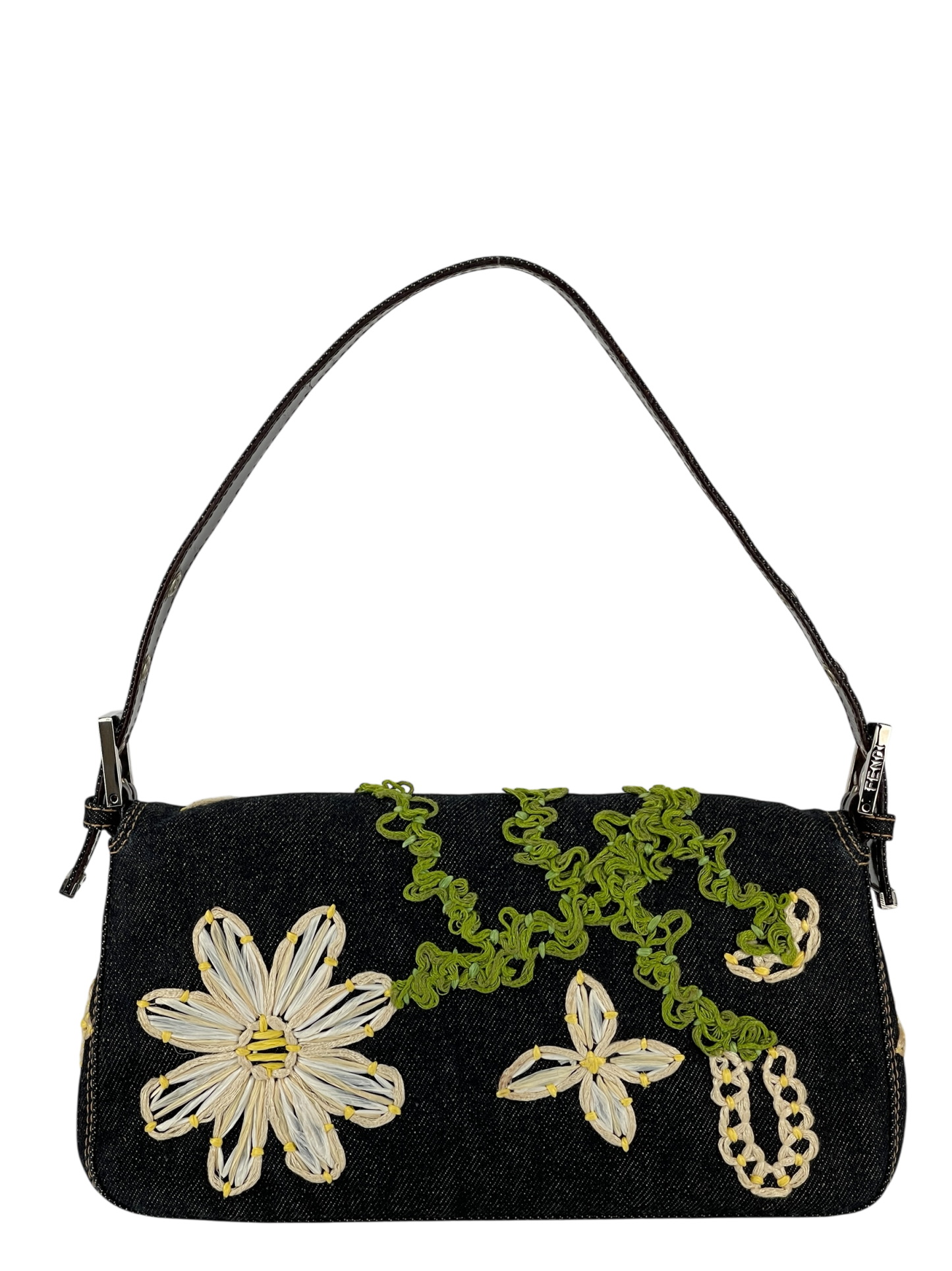 FENDI - Blue Denim Baguette in Dark Embroided Flowers