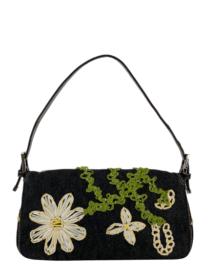 FENDI - Blue Denim Baguette in Dark Embroided Flowers