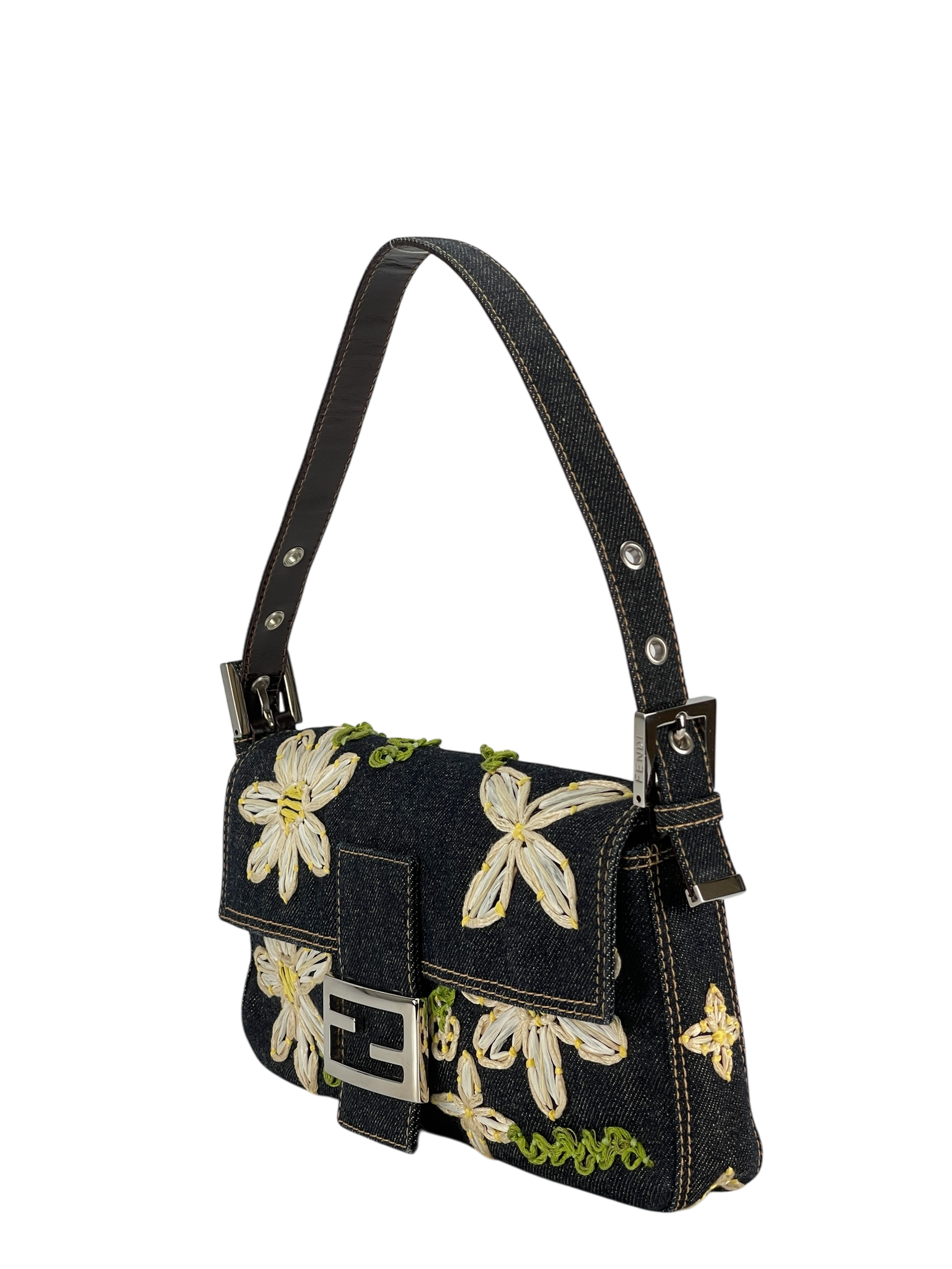 FENDI - Blue Denim Baguette in Dark Embroided Flowers