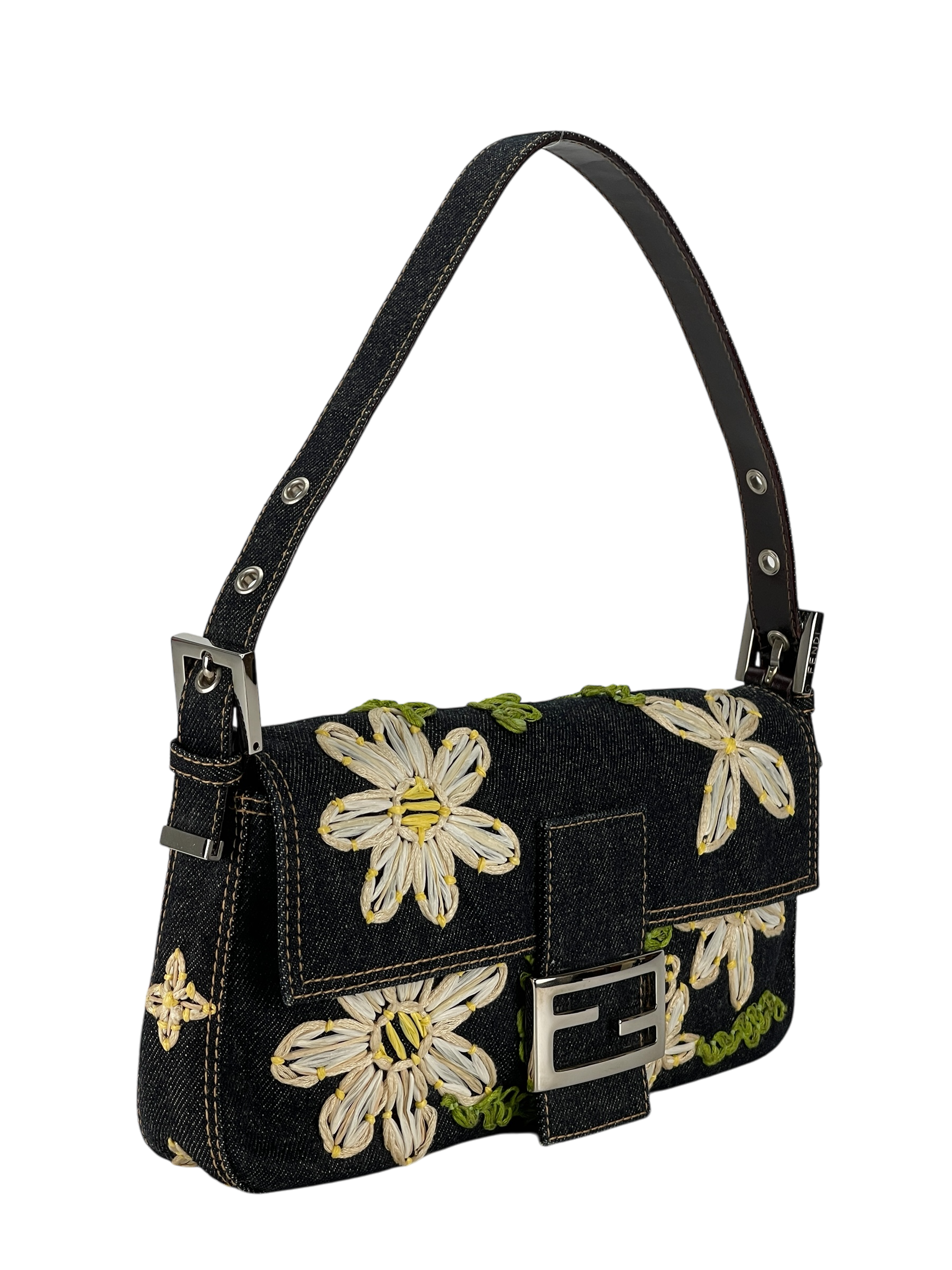 FENDI - Blue Denim Baguette in Dark Embroided Flowers