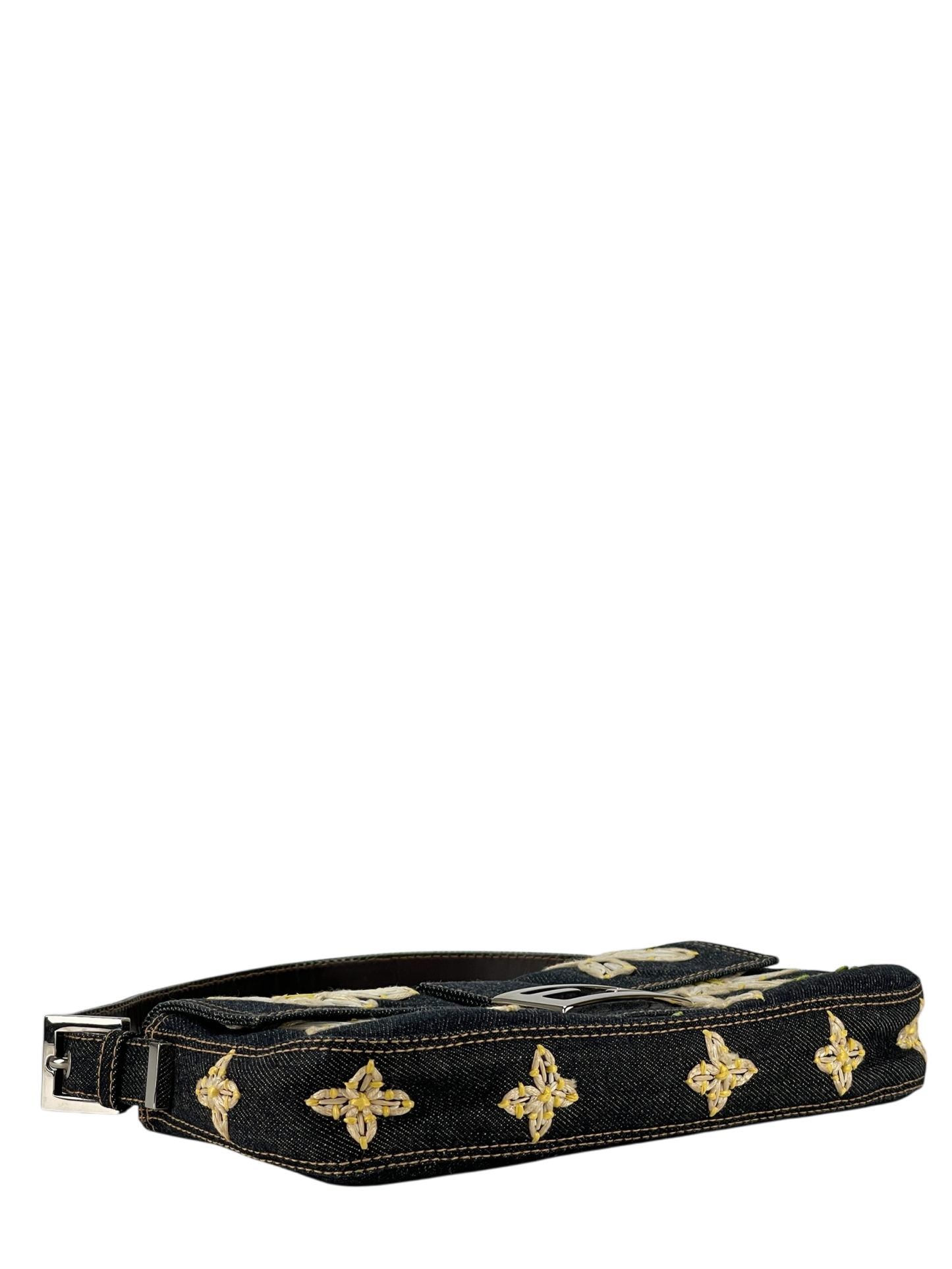 FENDI - Blue Denim Baguette in Dark Embroided Flowers