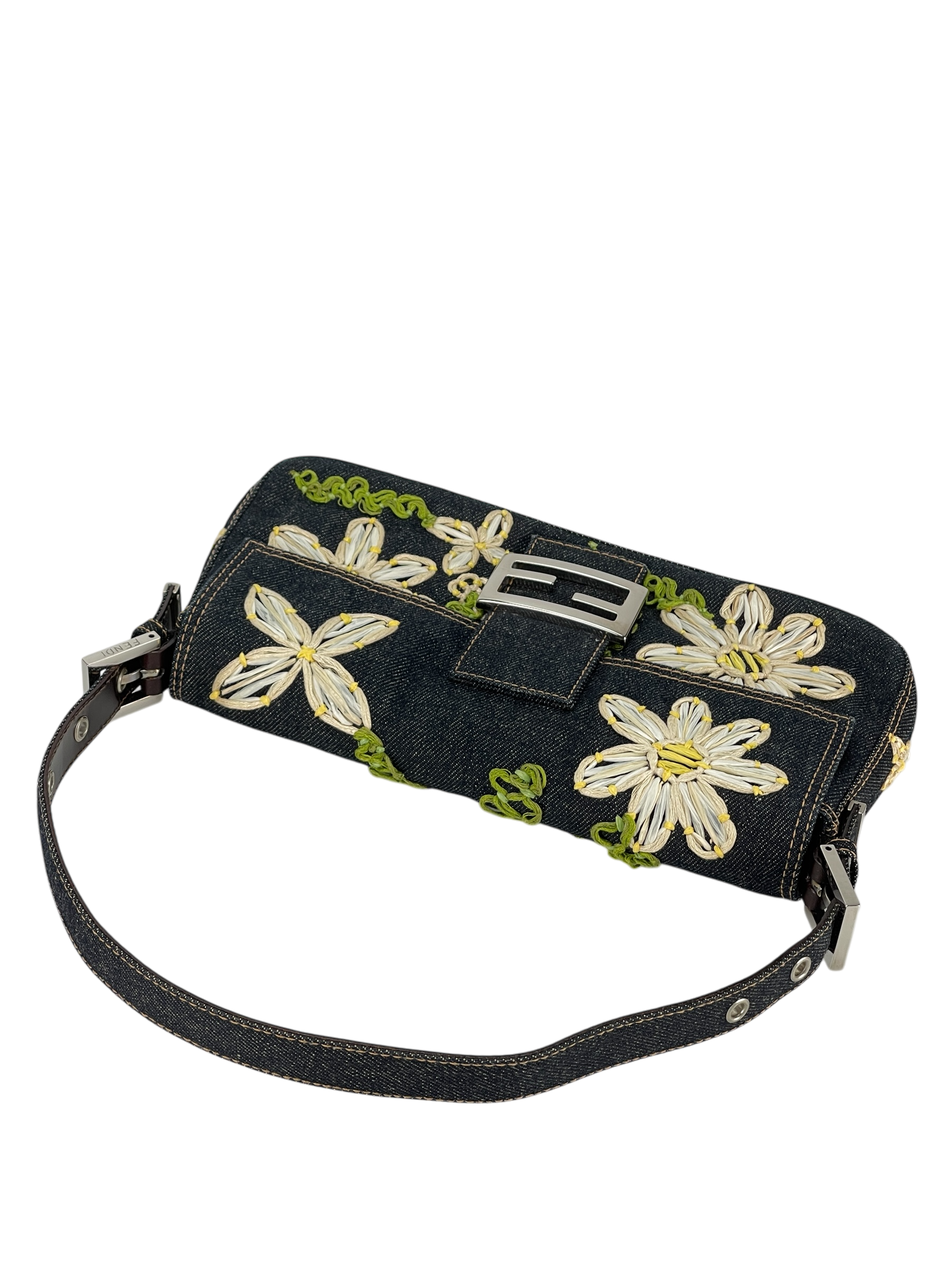 FENDI - Blue Denim Baguette in Dark Embroided Flowers
