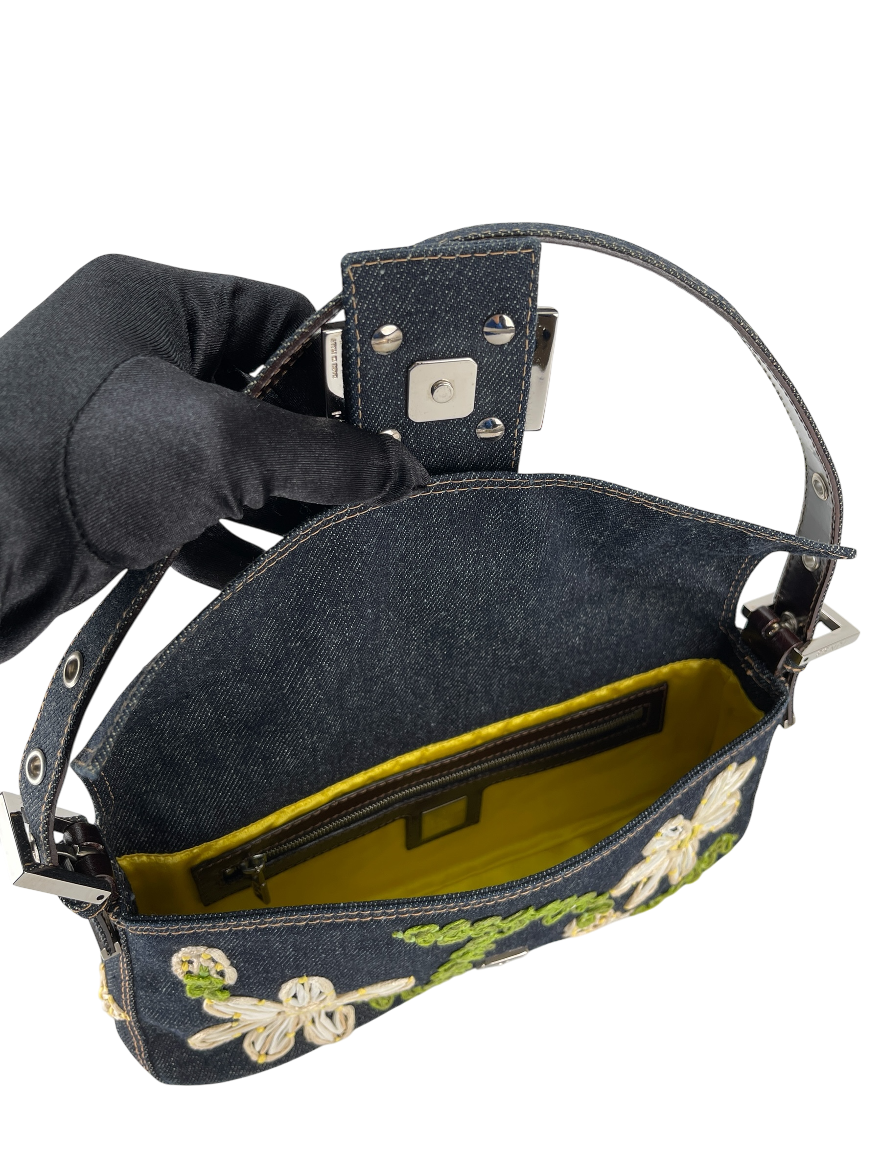 FENDI - Blue Denim Baguette in Dark Embroided Flowers