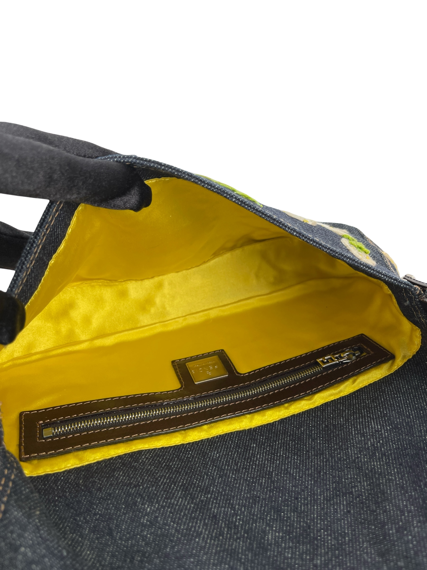 FENDI - Blue Denim Baguette in Dark Embroided Flowers