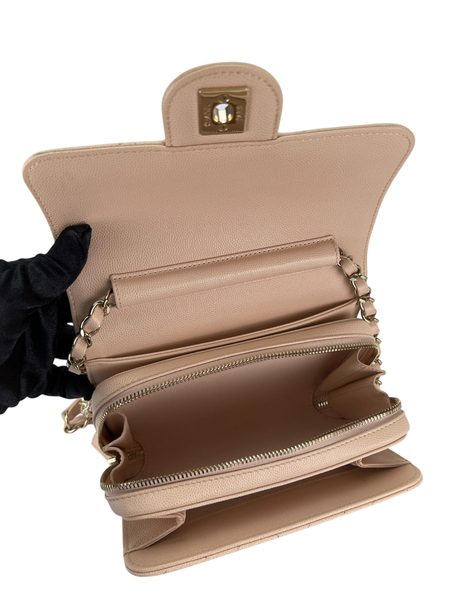 CHANEL - Beige Caviar Mini Matelasse Chain Shoulder Bag