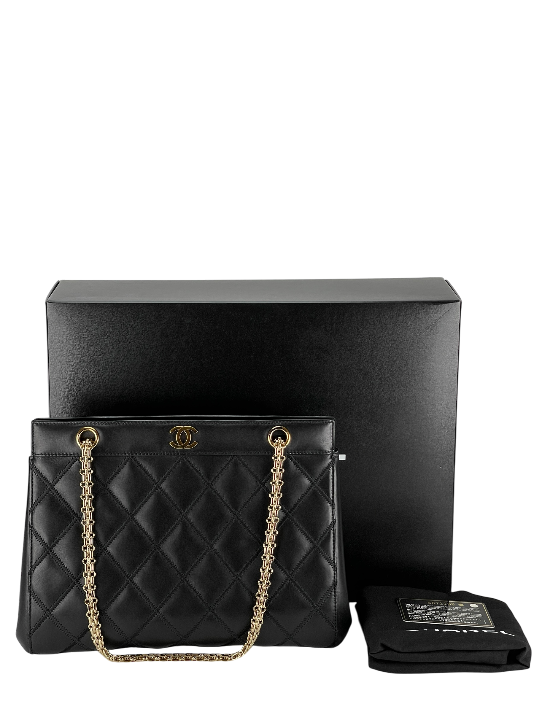 CHANEL - Vintage Black Quilted Lambskin Tote Shoulder Bag