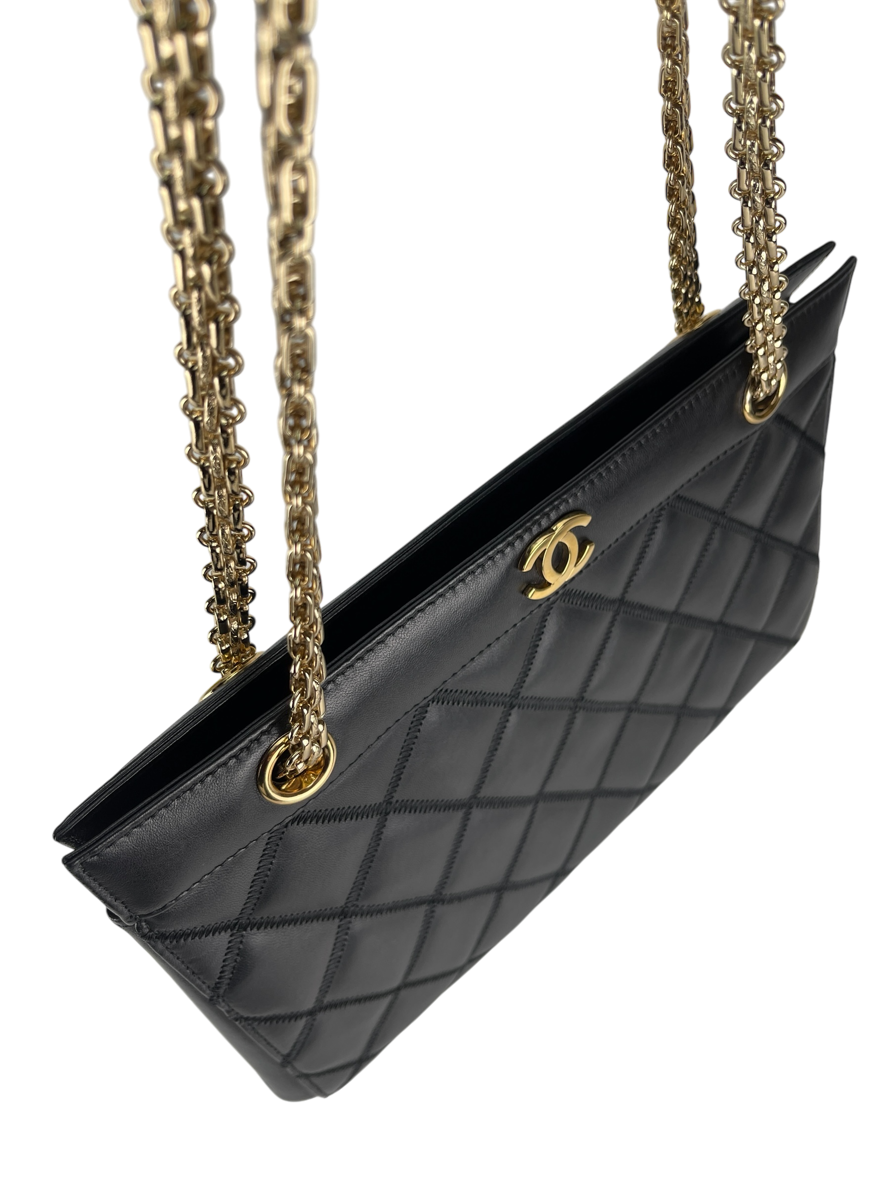 CHANEL - Vintage Black Quilted Lambskin Tote Shoulder Bag