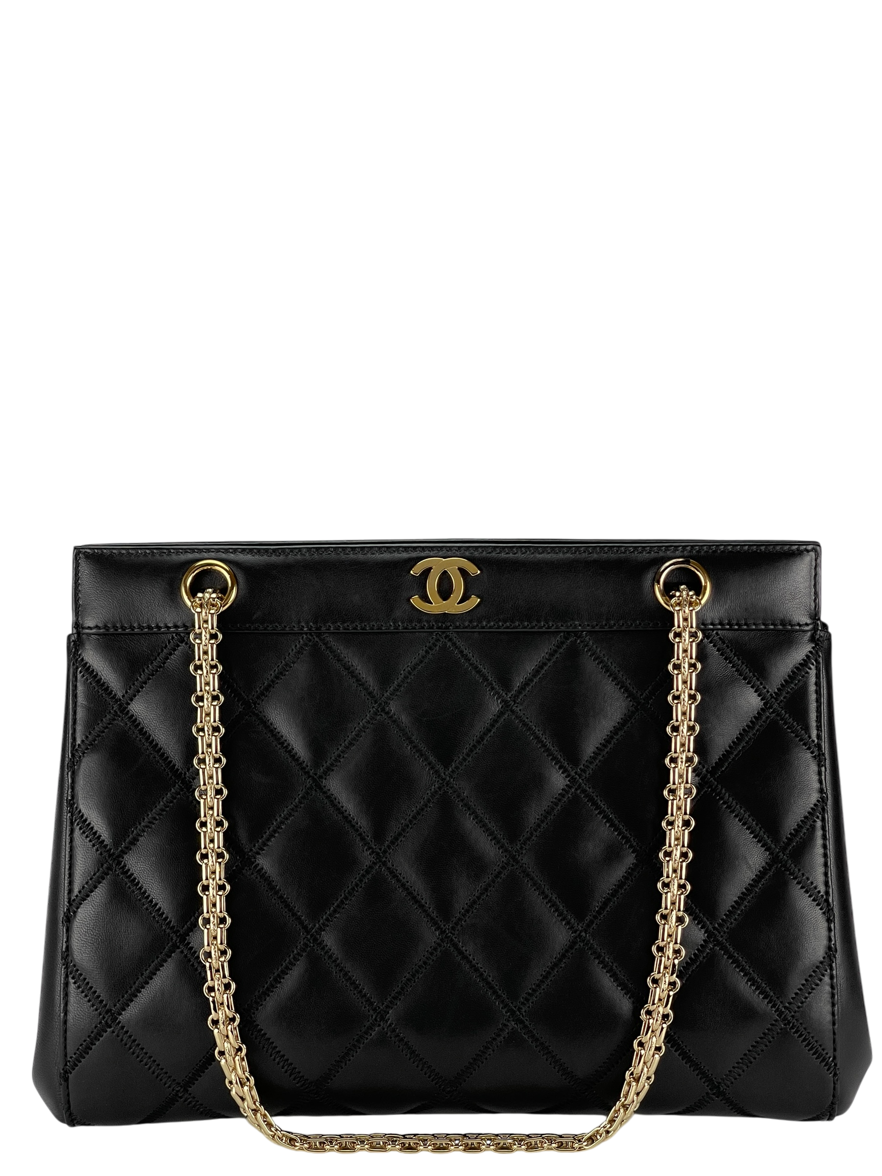CHANEL - Vintage Black Quilted Lambskin Tote Shoulder Bag