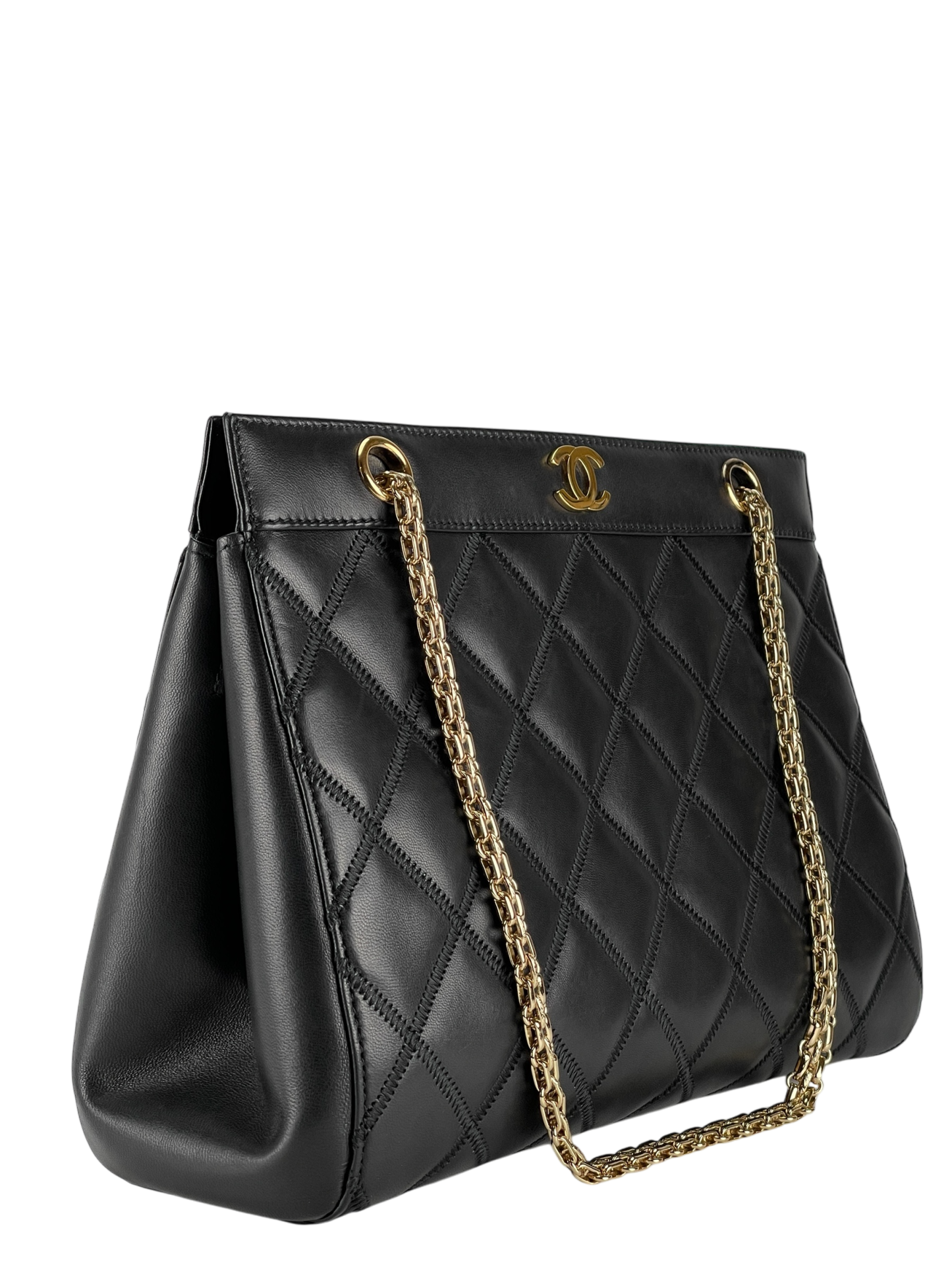 CHANEL - Vintage Black Quilted Lambskin Tote Shoulder Bag