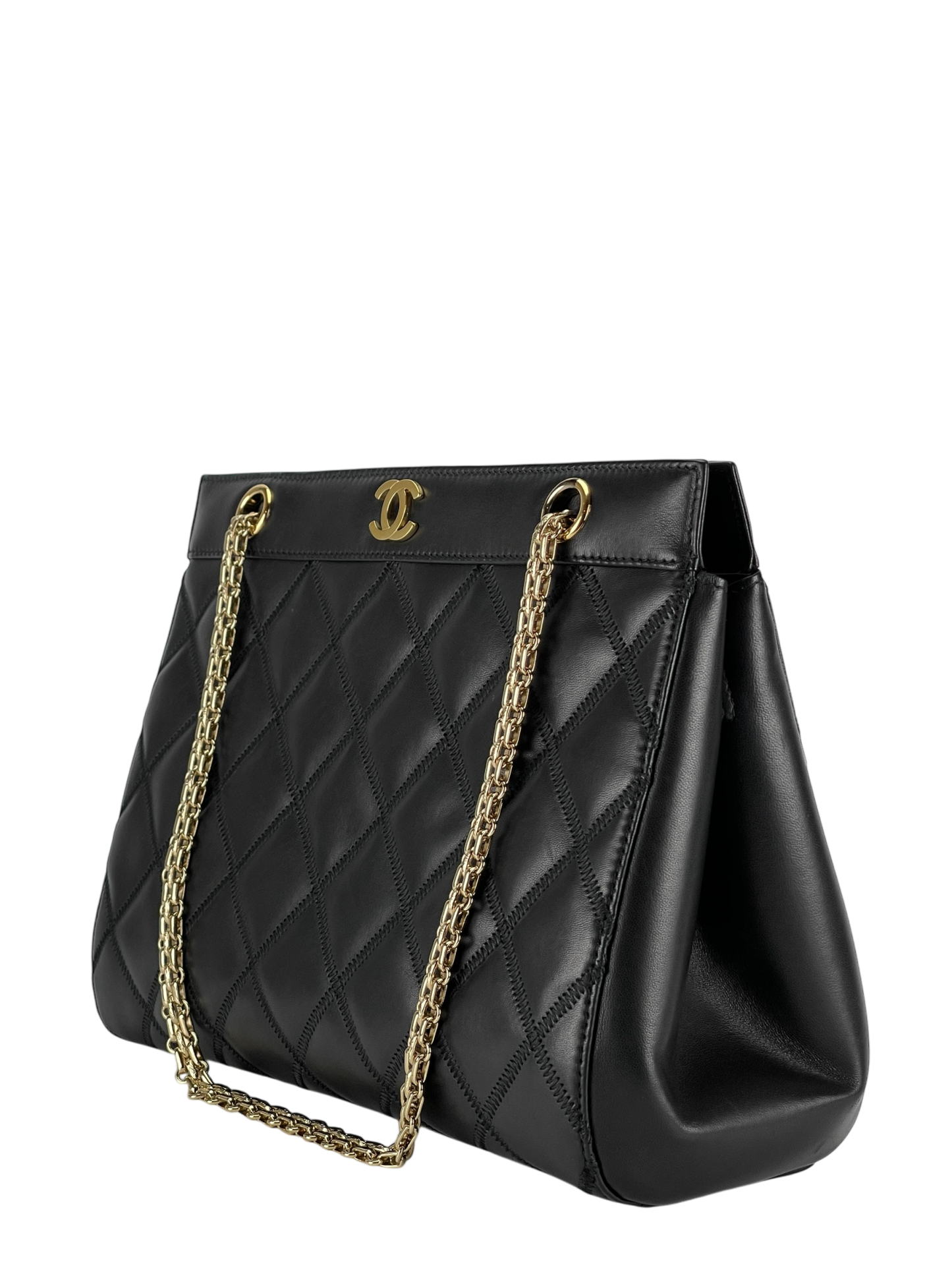 CHANEL - Vintage Black Quilted Lambskin Tote Shoulder Bag