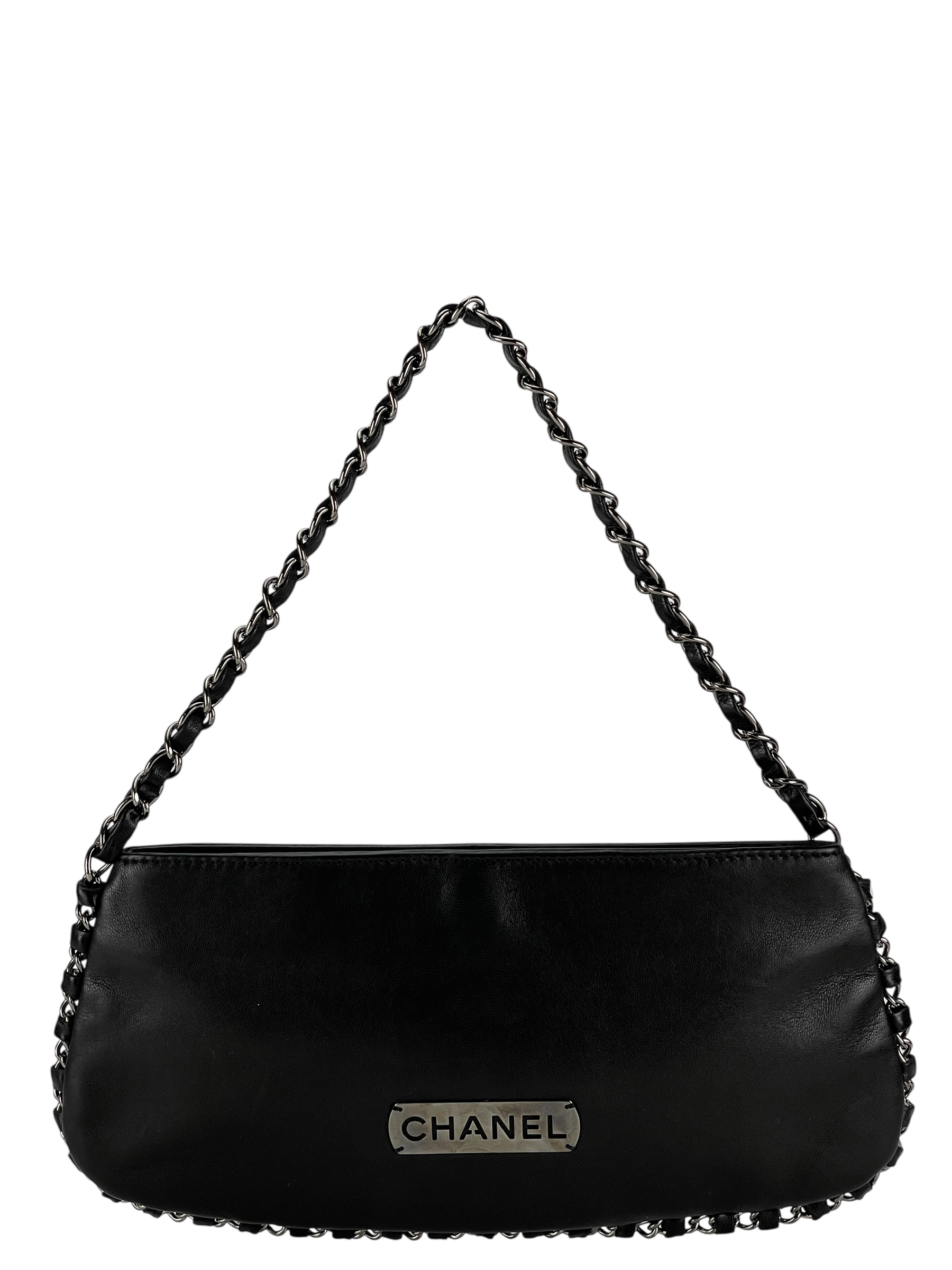 CHANEL - Black Lambskin Chain Pochette Bag