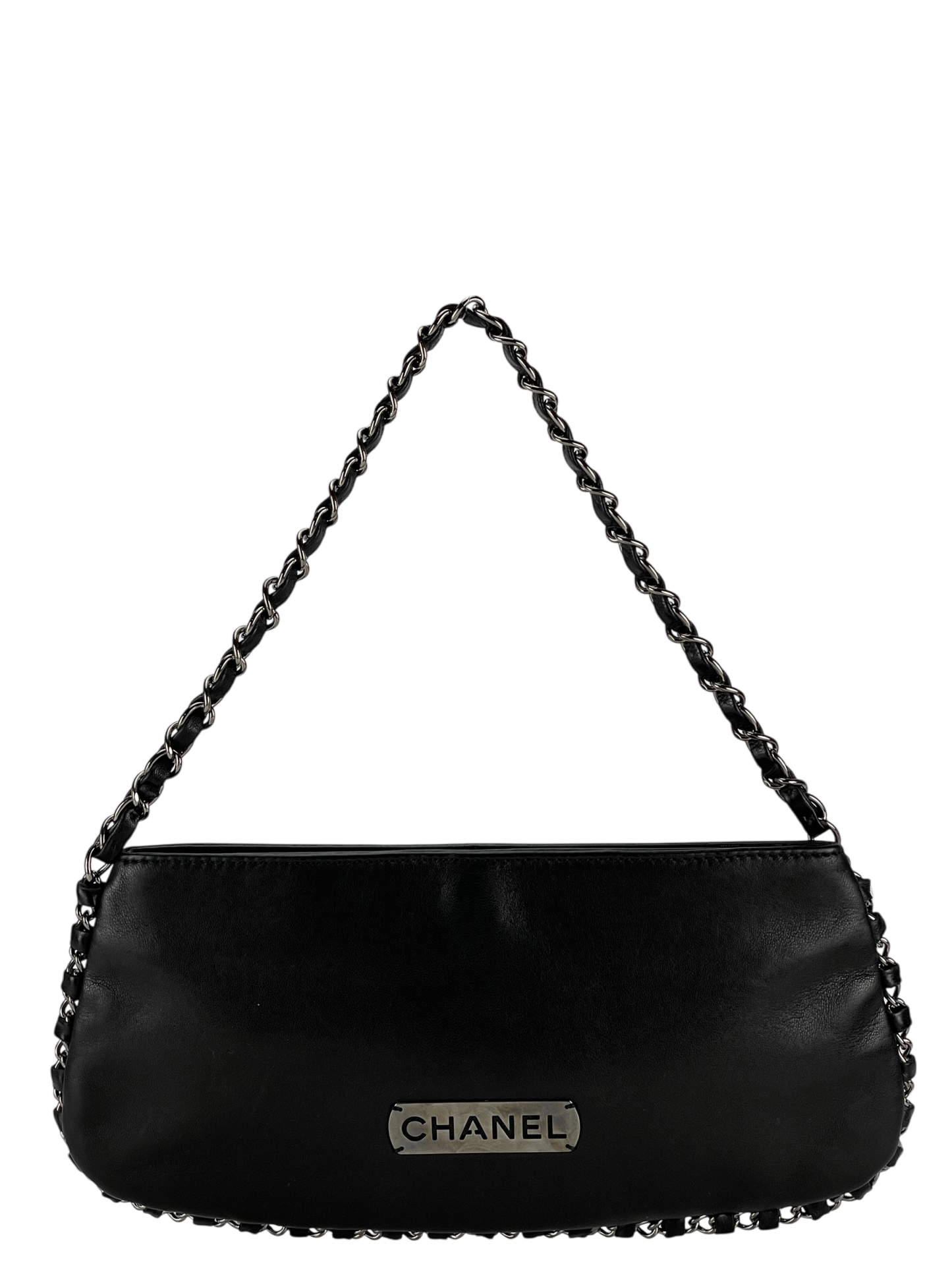 CHANEL - Black Lambskin Chain Pochette Bag