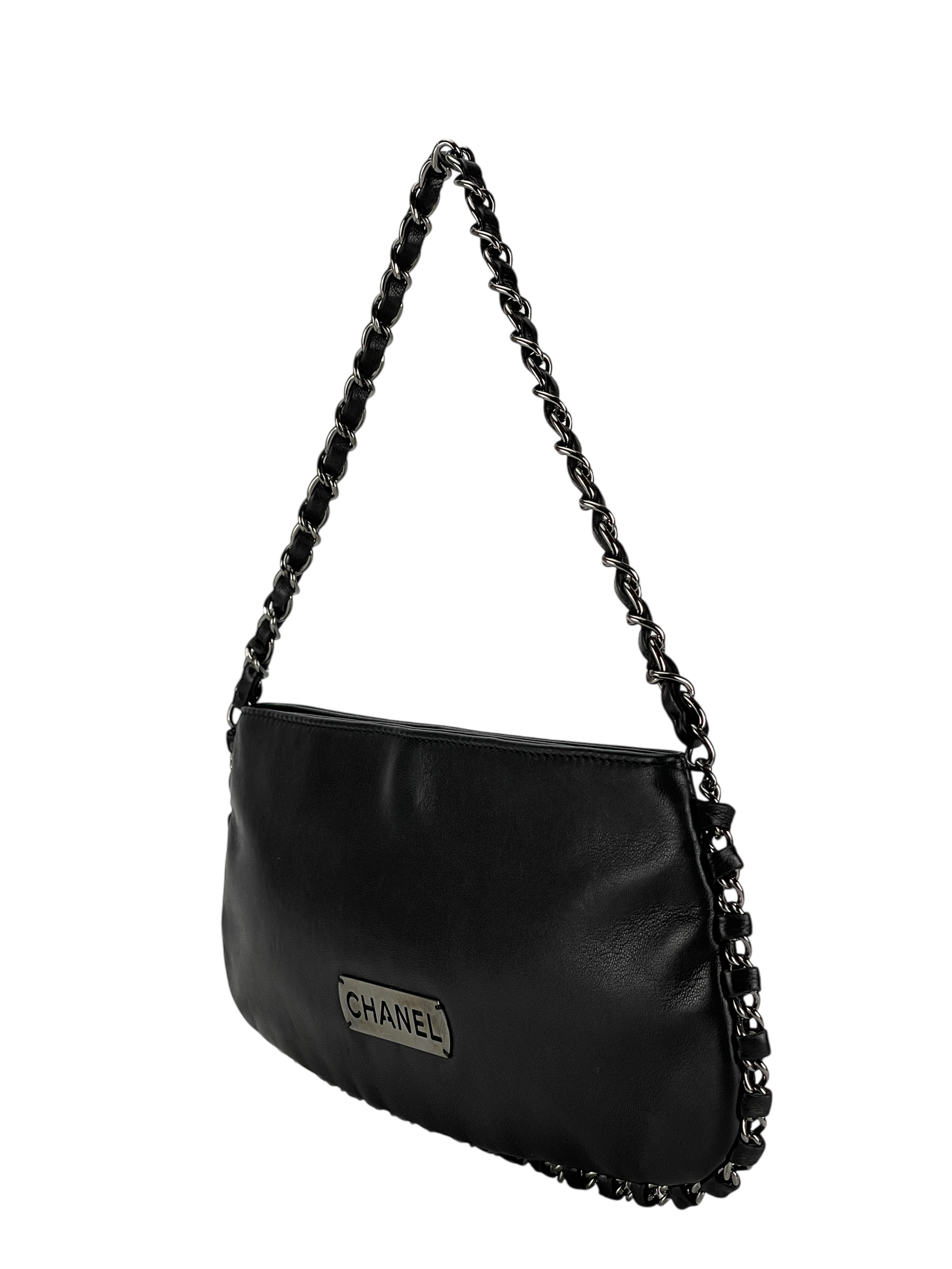 CHANEL - Black Lambskin Chain Pochette Bag