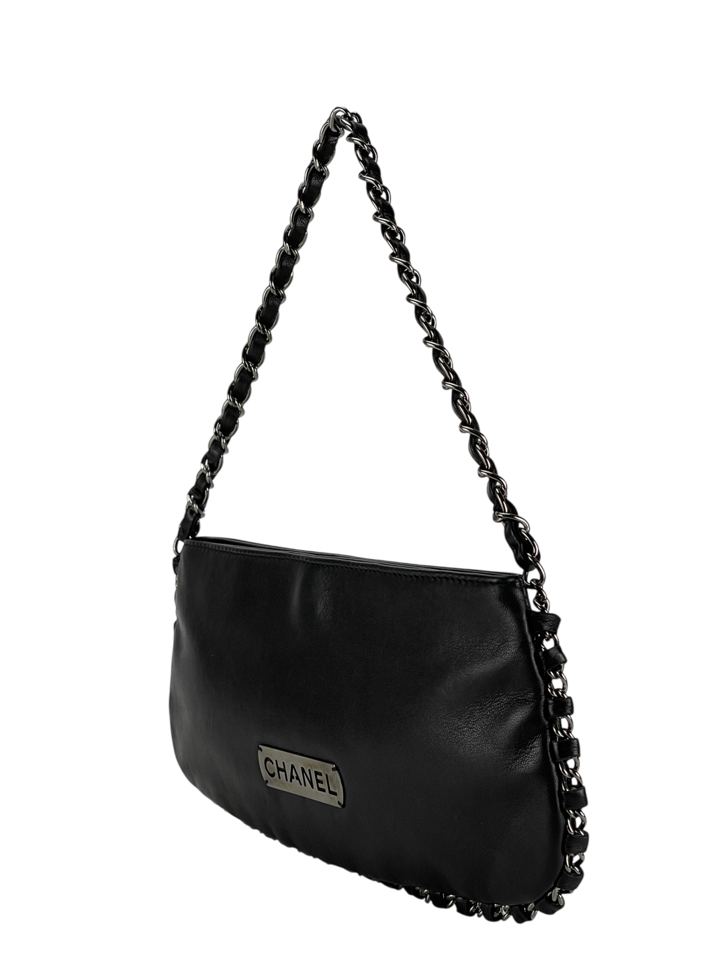 CHANEL - Black Lambskin Chain Pochette Bag