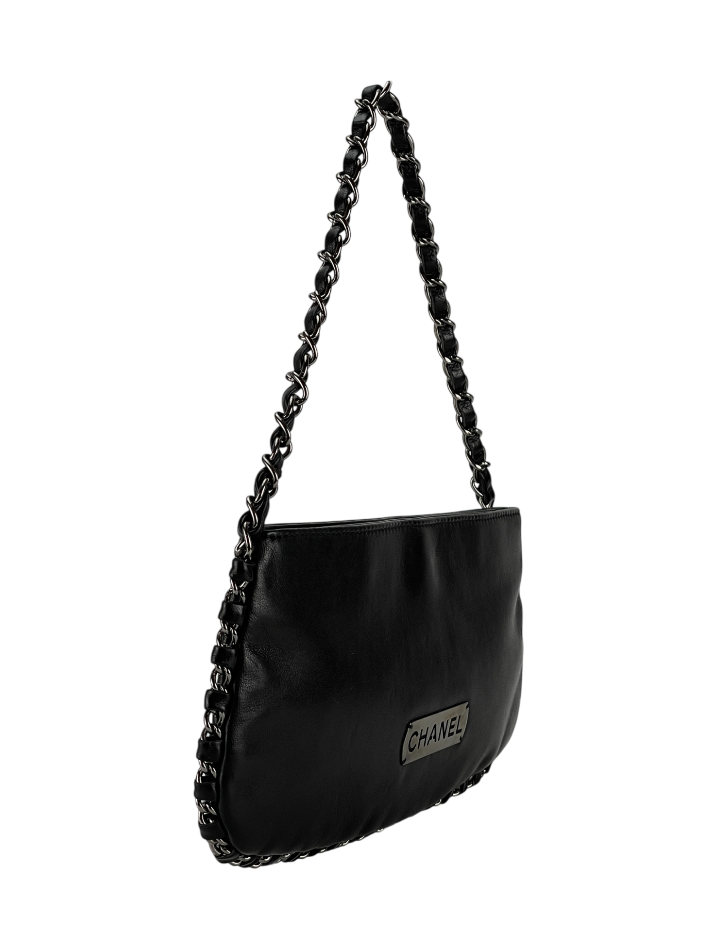CHANEL - Black Lambskin Chain Pochette Bag