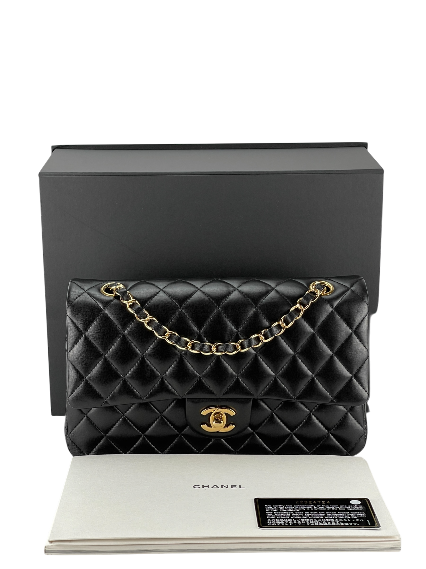 CHANEL - Medium Classic Double Flap Bag Black Lambskin Gold Hardware (CF25)