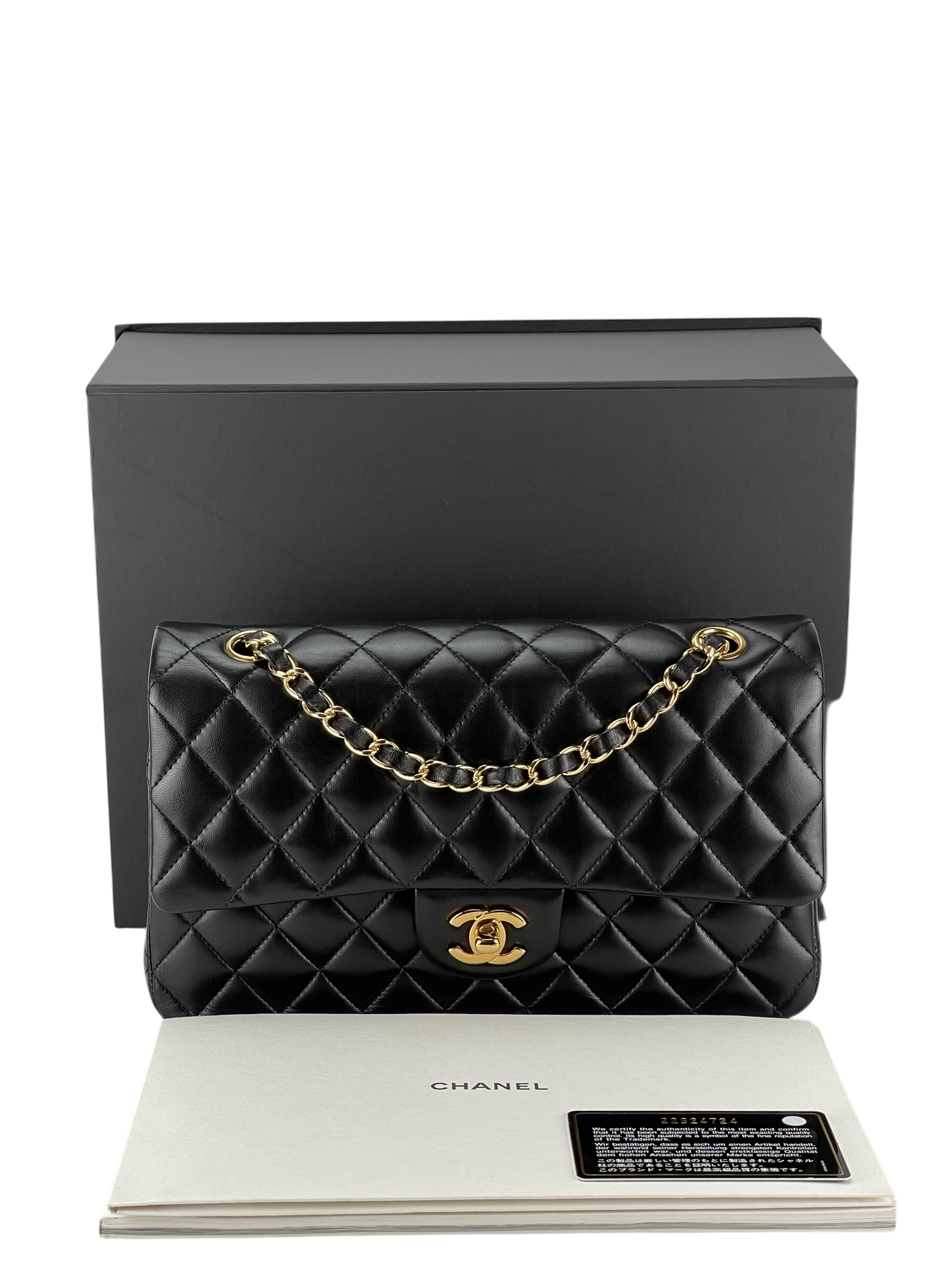 CHANEL - Medium Classic Double Flap Bag Black Lambskin Gold Hardware (CF25)