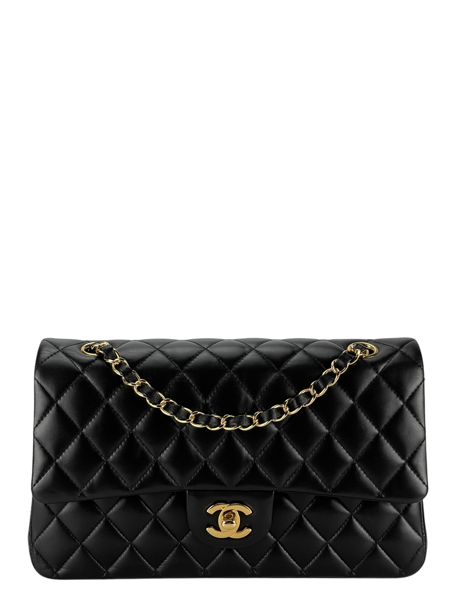 CHANEL - Medium Classic Double Flap Bag Black Lambskin Gold Hardware (CF25)