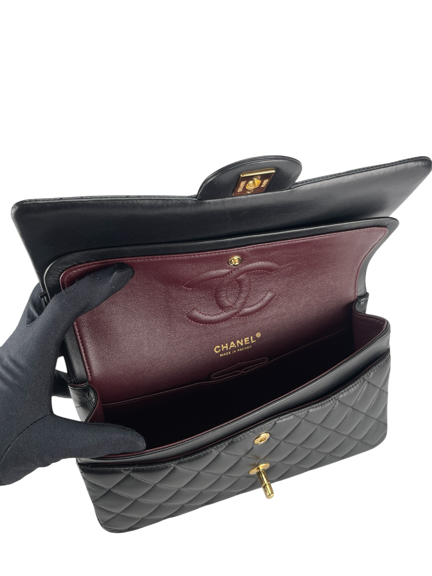 CHANEL - Medium Classic Double Flap Bag Black Lambskin Gold Hardware (CF25)