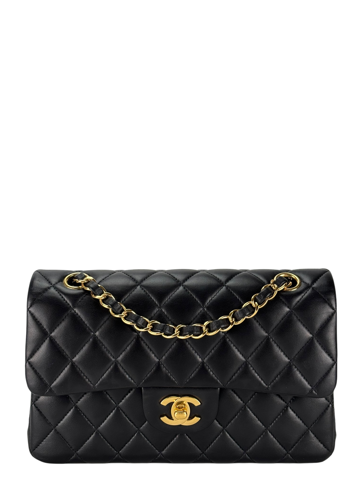 CHANEL - Small Classic Double Flap Bag Black Lambskin Gold Hardware (CF23)