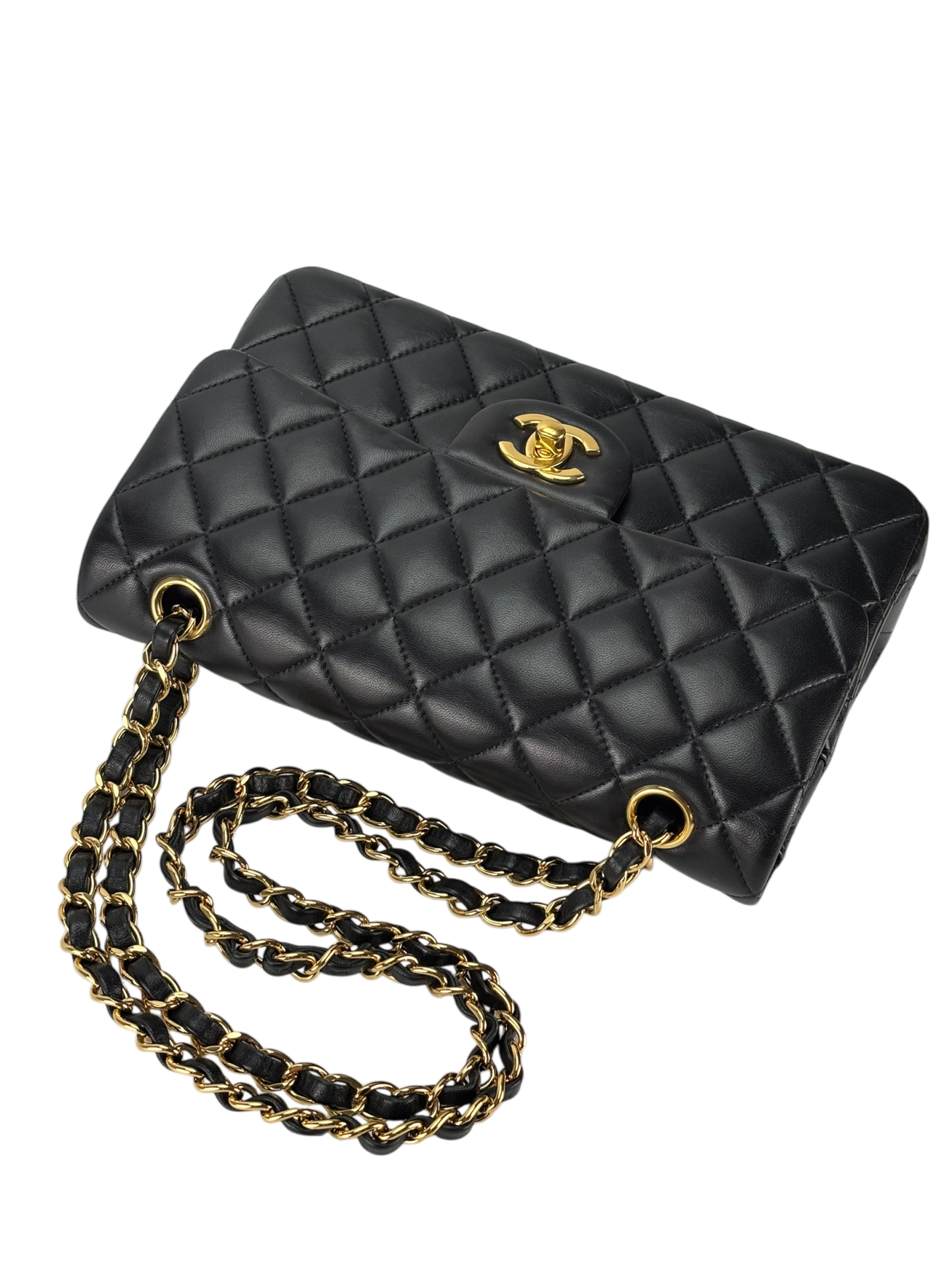CHANEL - Small Classic Double Flap Bag Black Lambskin Gold Hardware (CF23)