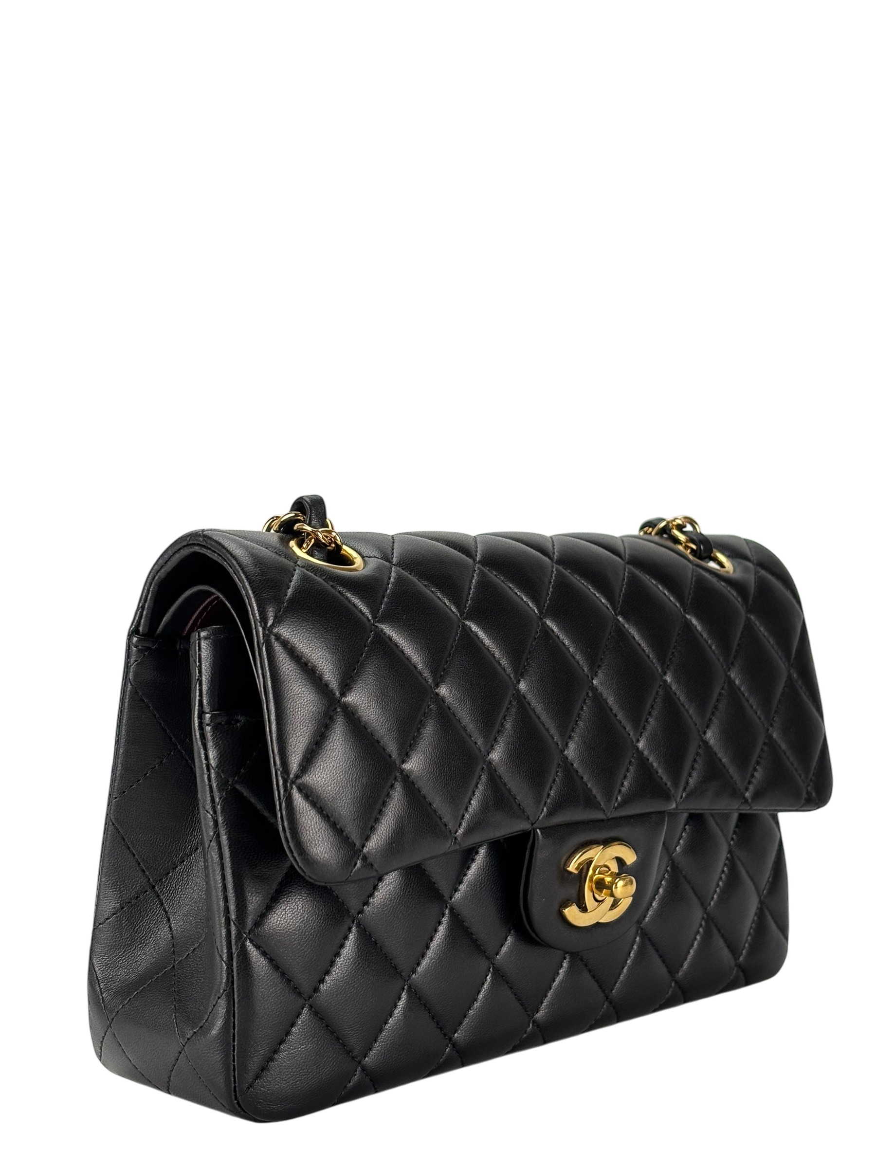 CHANEL - Small Classic Double Flap Bag Black Lambskin Gold Hardware (CF23)