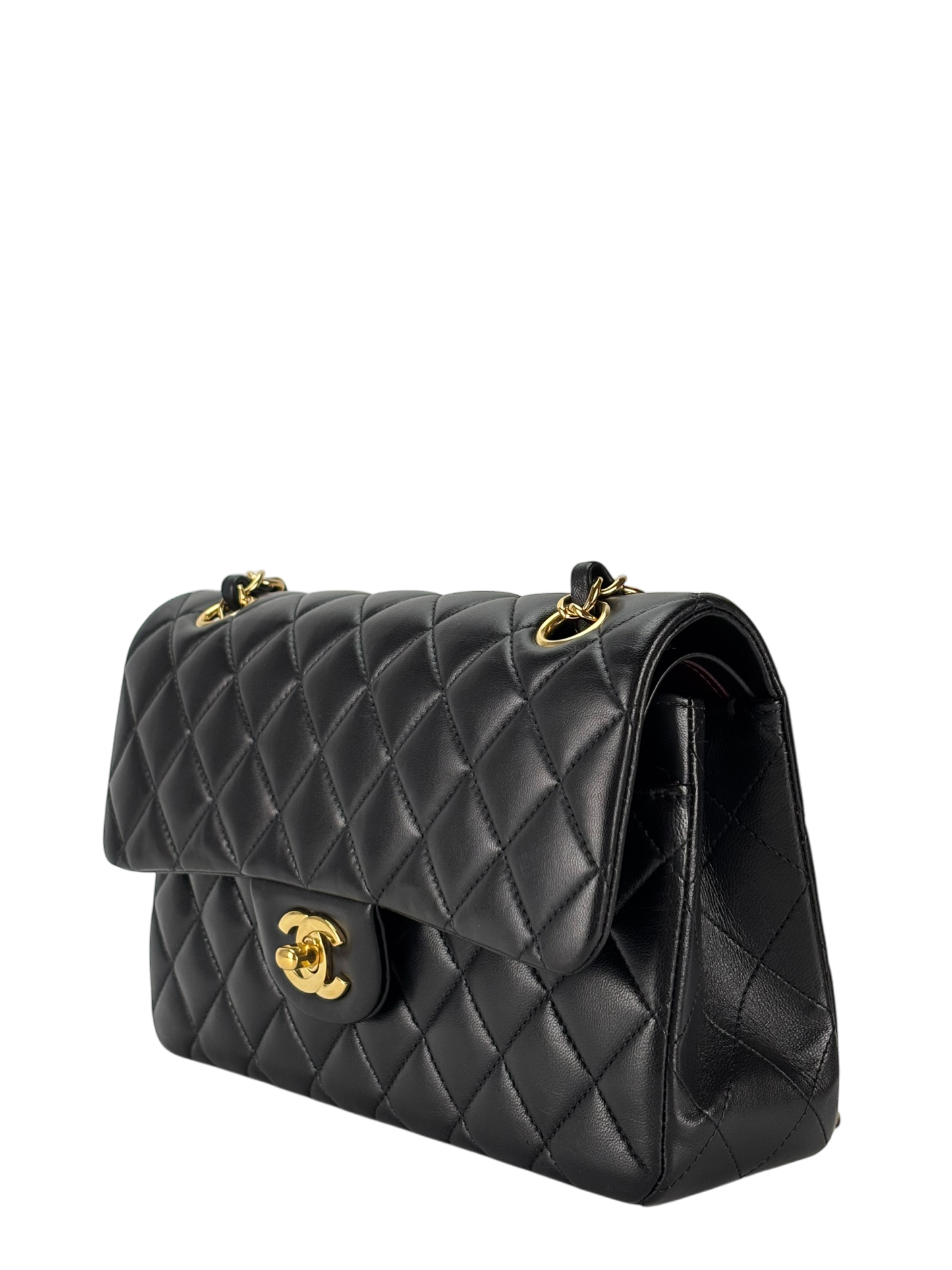 CHANEL - Small Classic Double Flap Bag Black Lambskin Gold Hardware (CF23)