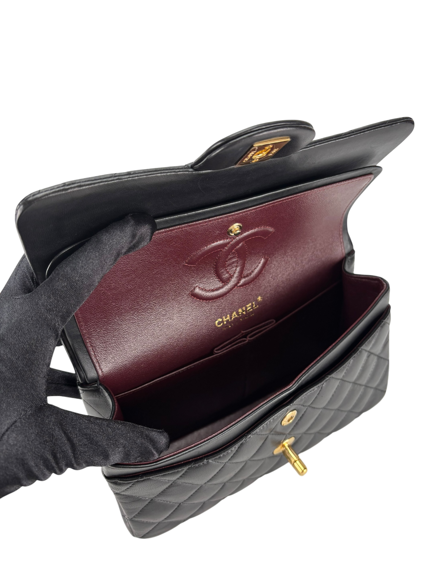 CHANEL - Small Classic Double Flap Bag Black Lambskin Gold Hardware (CF23)