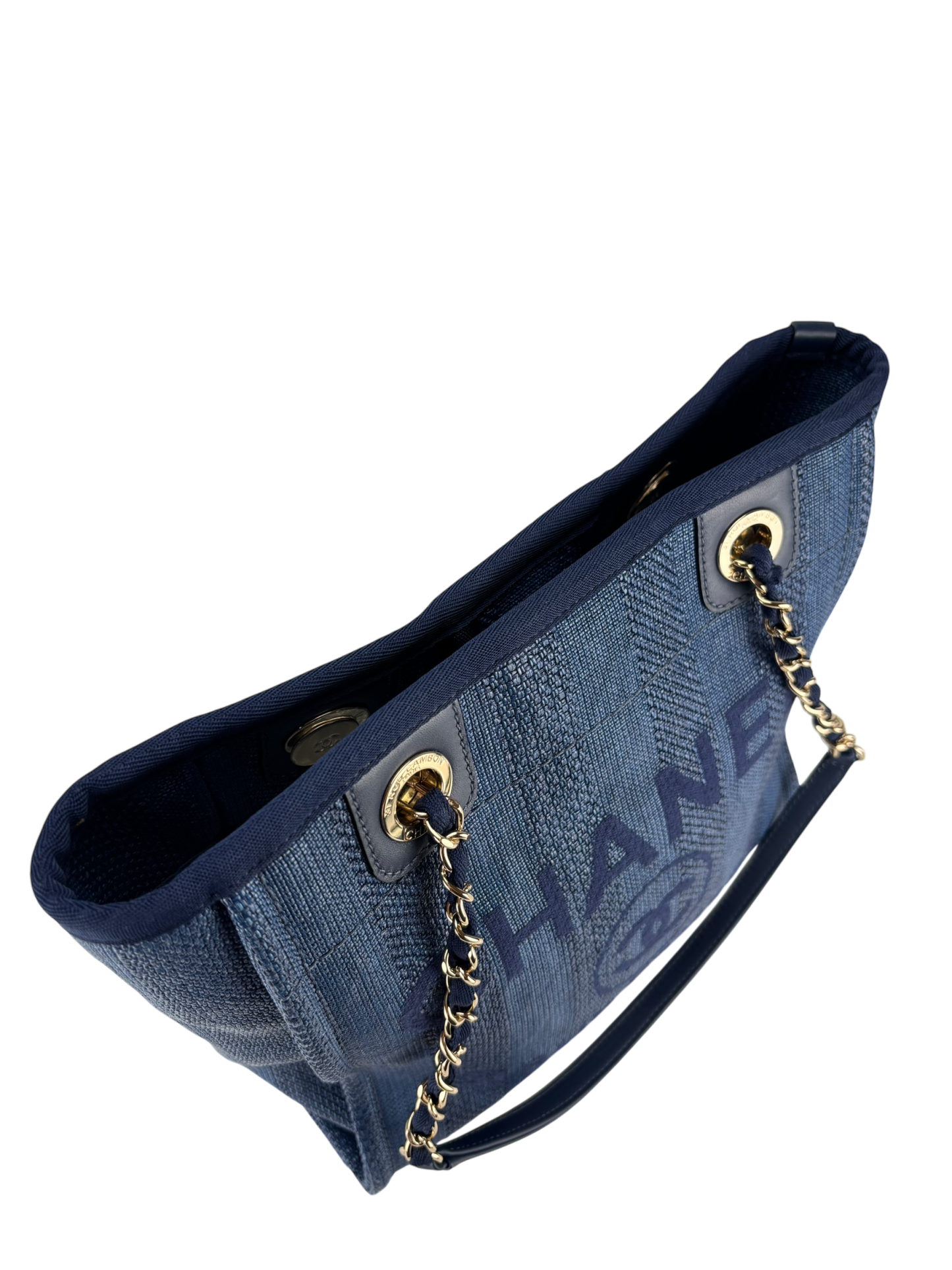 CHANEL - Blue Mixed Fibers Raffia Striped Deauville Navy Tote Bag