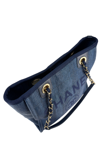CHANEL - Blue Mixed Fibers Raffia Striped Deauville  Navy Tote Bag