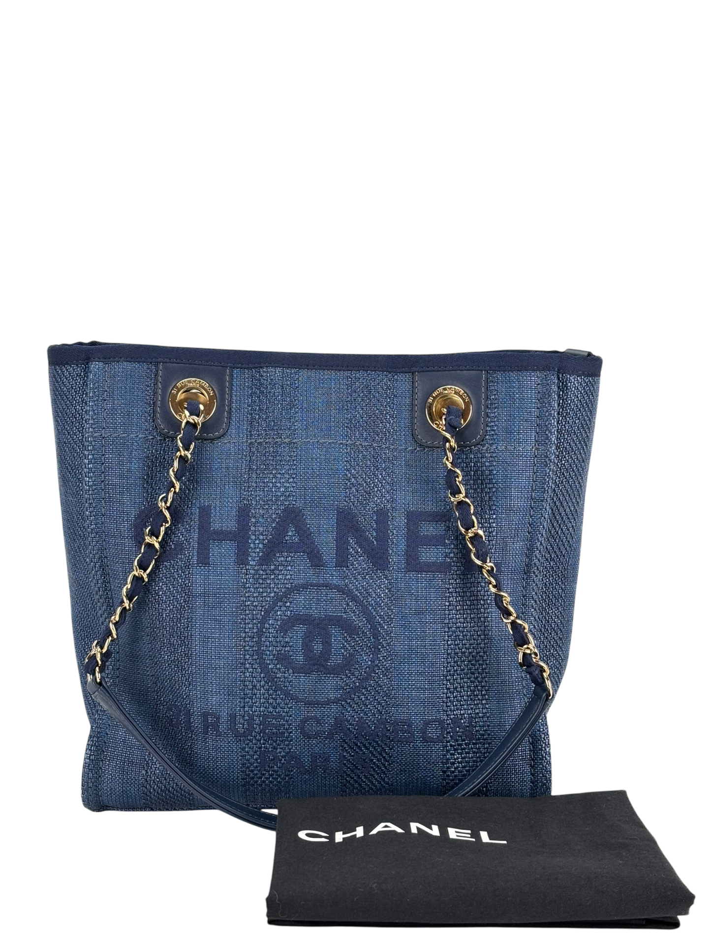 CHANEL - Blue Mixed Fibers Raffia Striped Deauville Navy Tote Bag