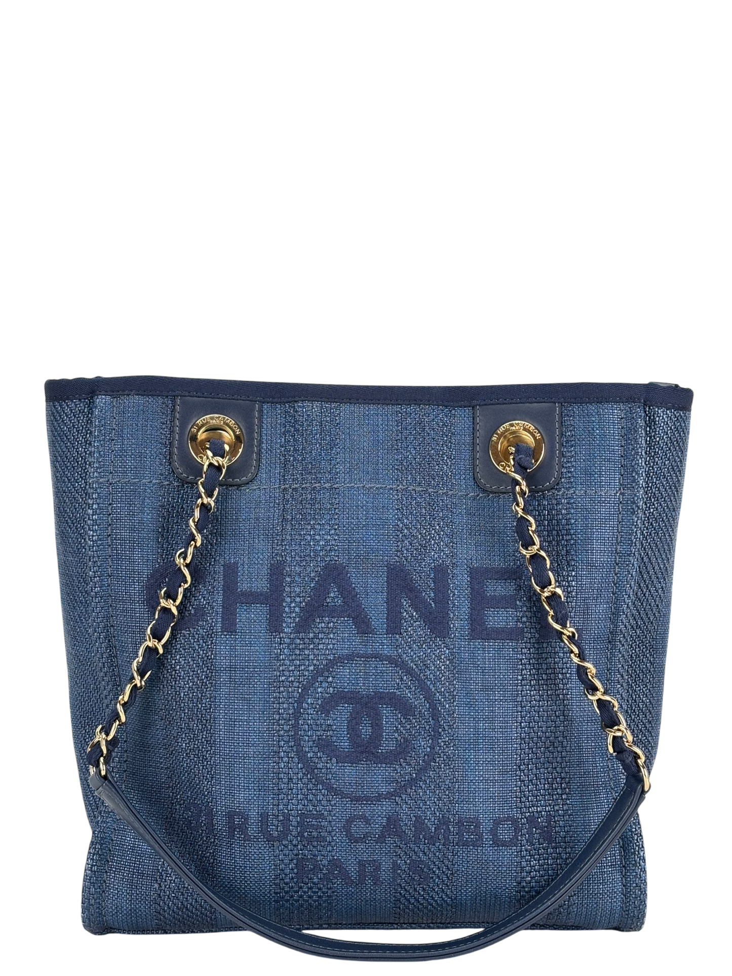 CHANEL - Blue Mixed Fibers Raffia Striped Deauville Navy Tote Bag